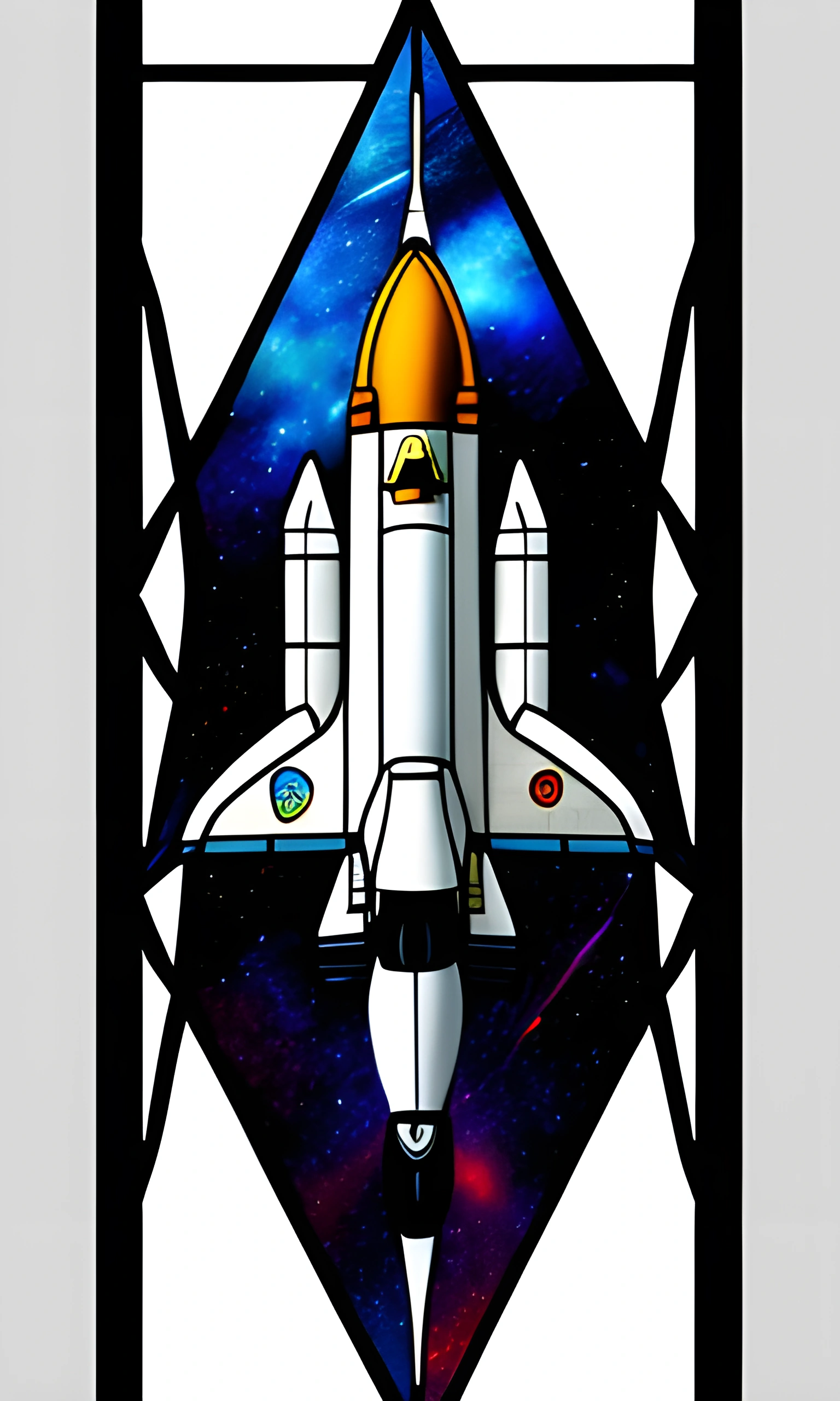 a close up of a stained glass window with a space shuttle