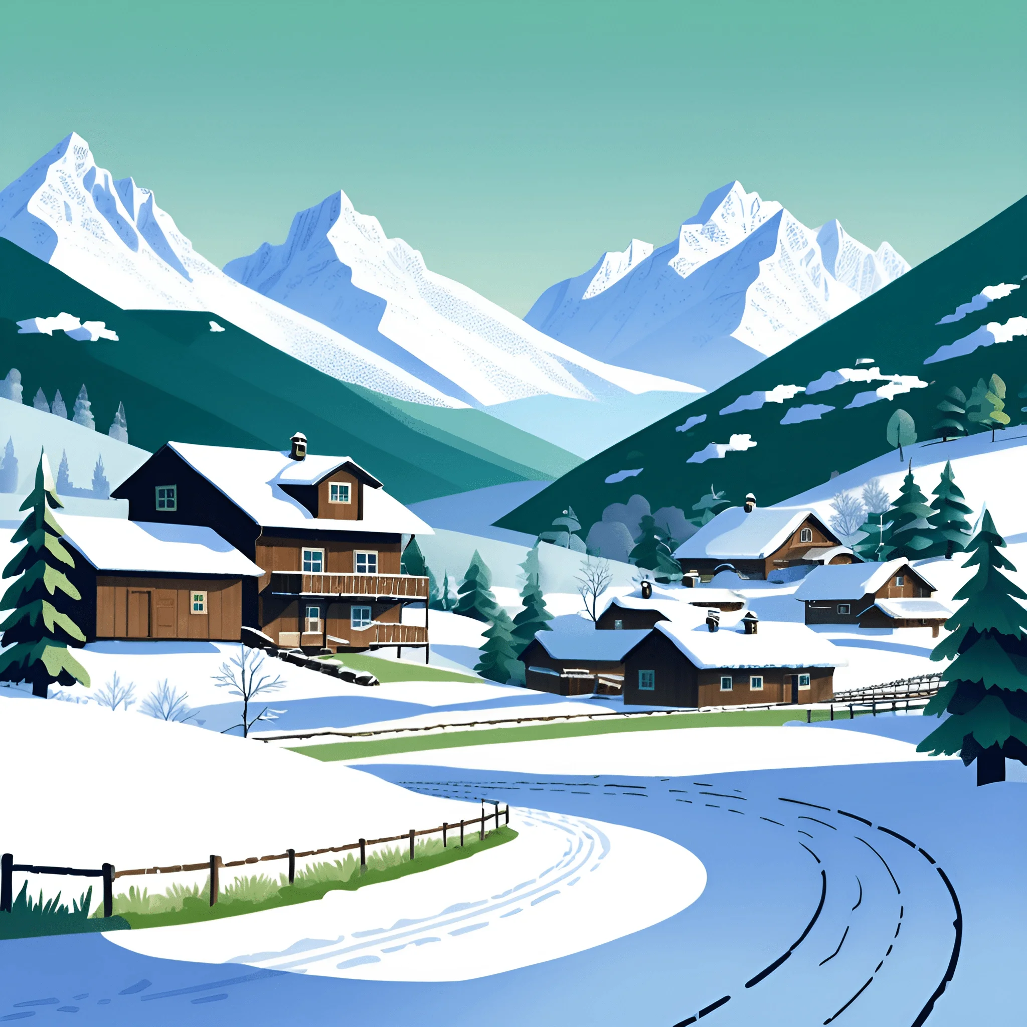 Snowy Mountain Village in Winter Landscape - Free Download - AI Scribbles