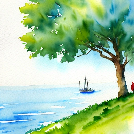 painting of a man sitting under a tree looking at a boat