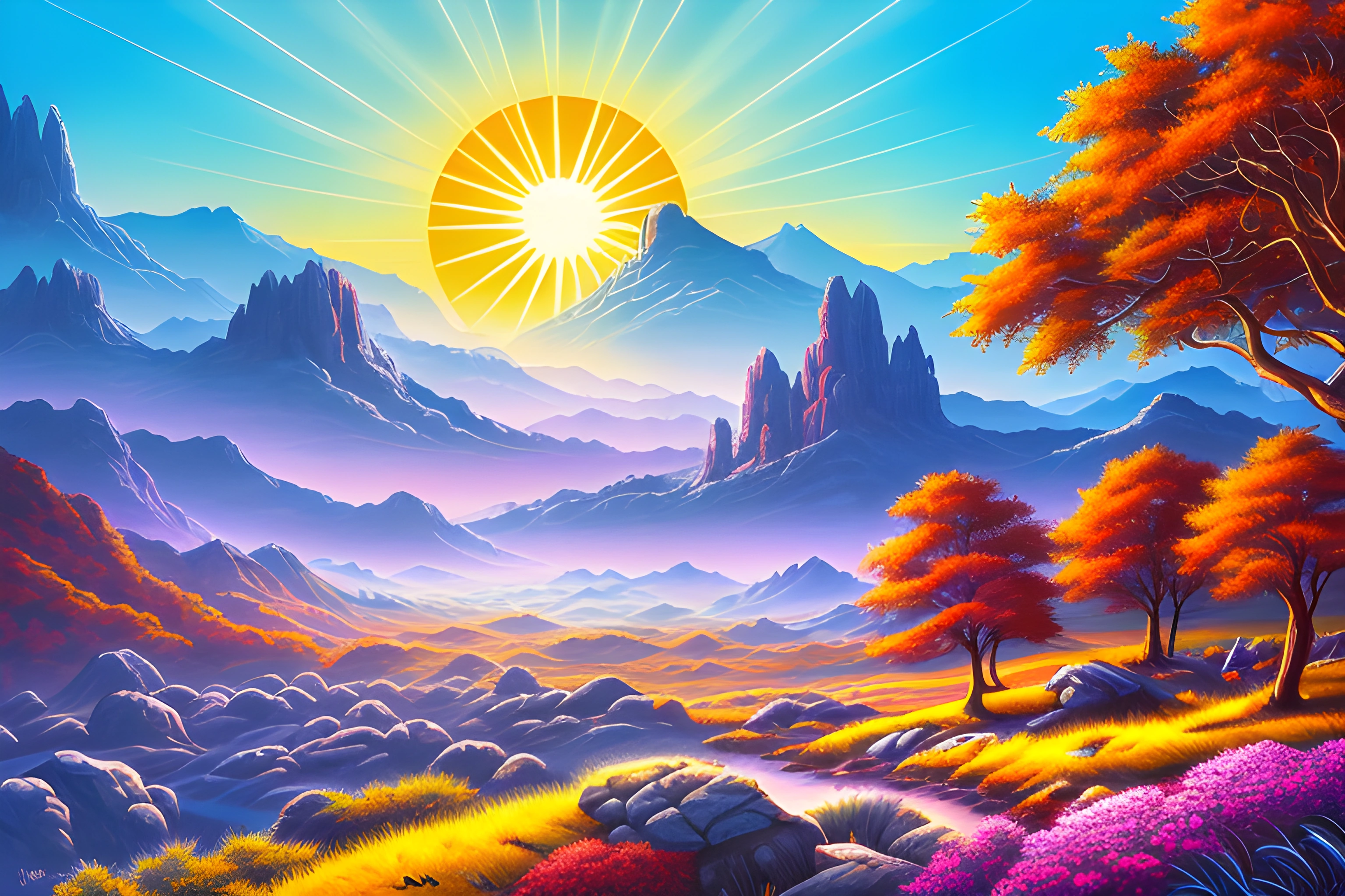 painting of a mountain landscape with a sun setting over the mountains