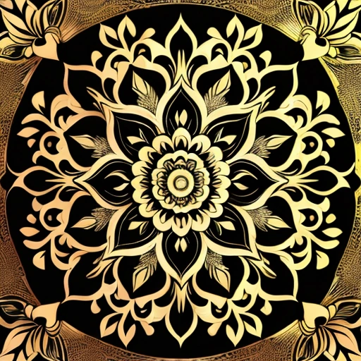 a close up of a black and gold plate with a flower design