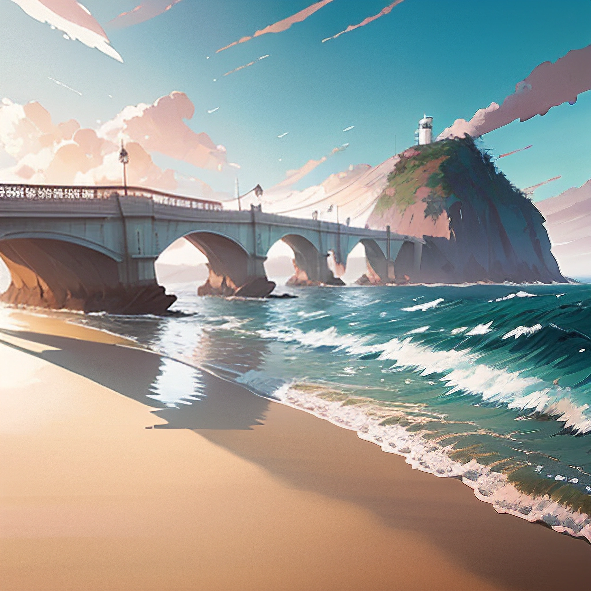 a painting of a bridge over a beach with waves