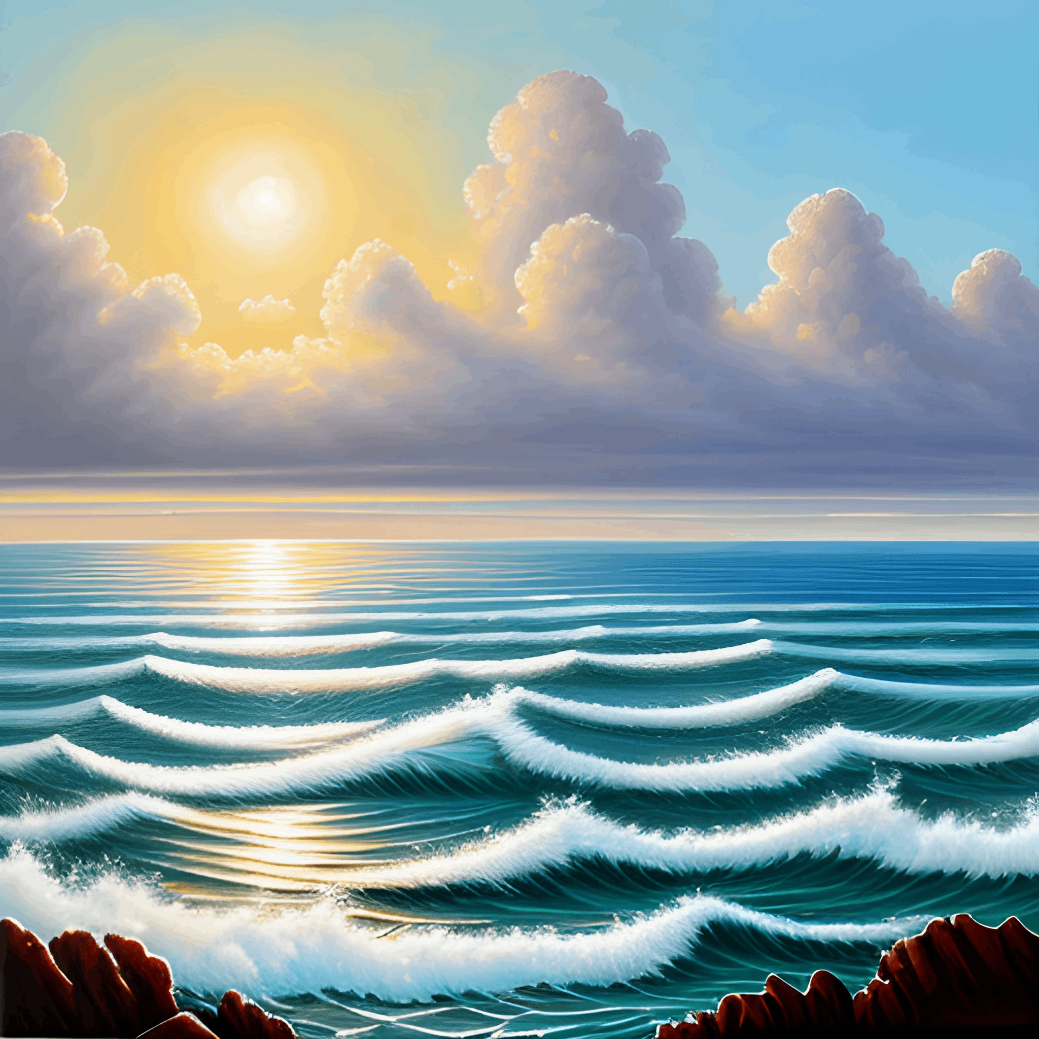 painting of a sunset over the ocean with waves and rocks
