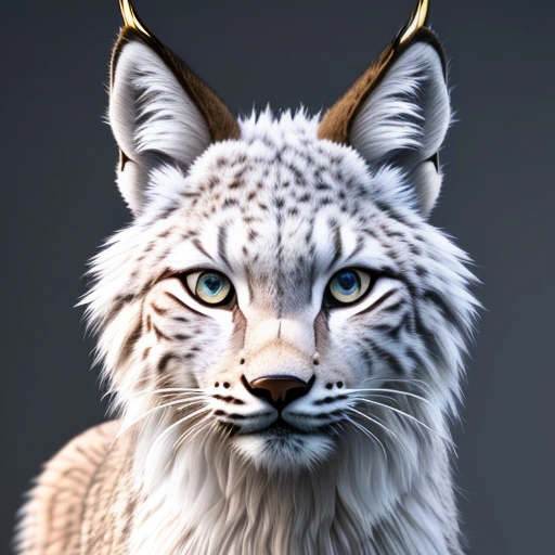 a close up of a white lynx with blue eyes and a black background