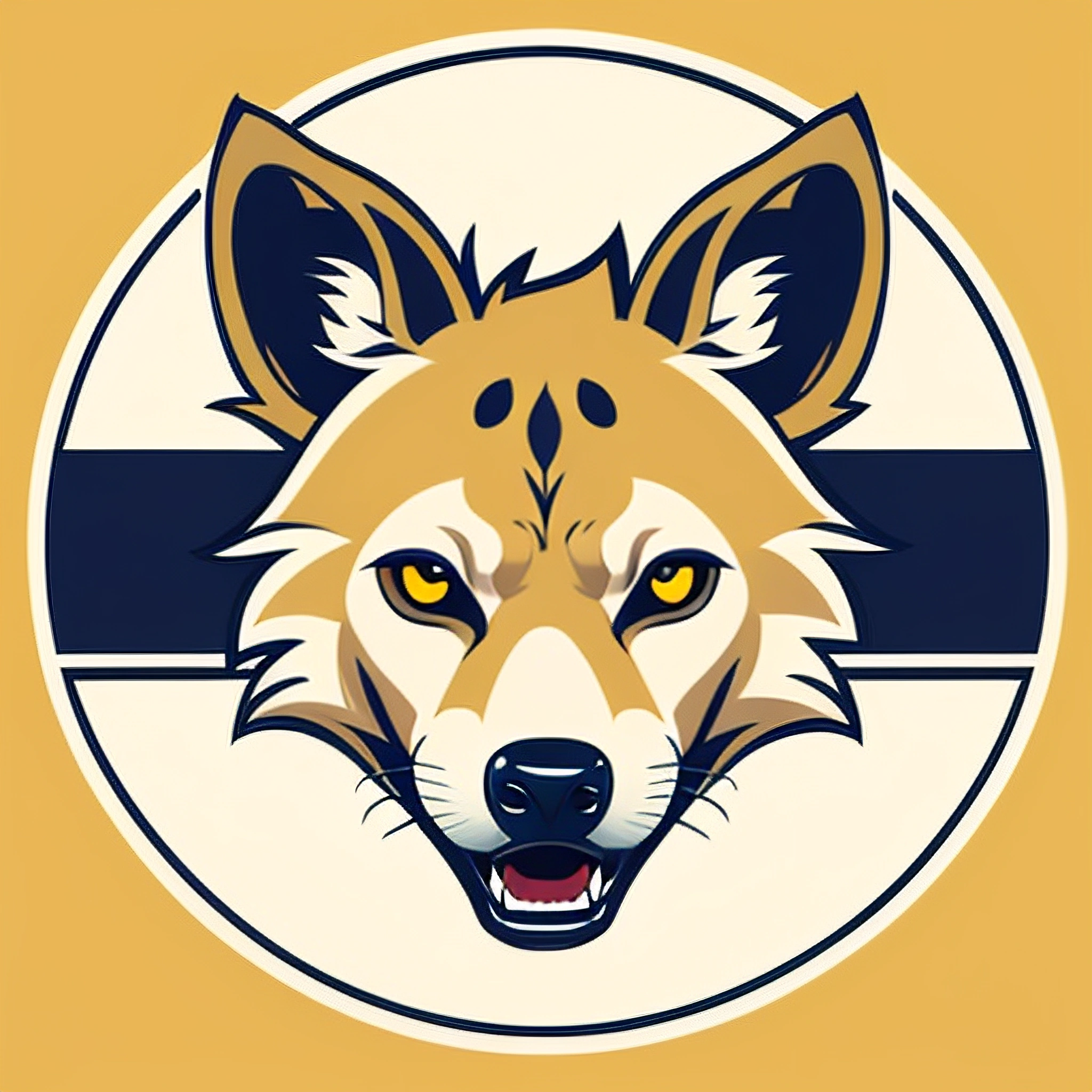 a close up of a yellow and black logo with a wolf's face