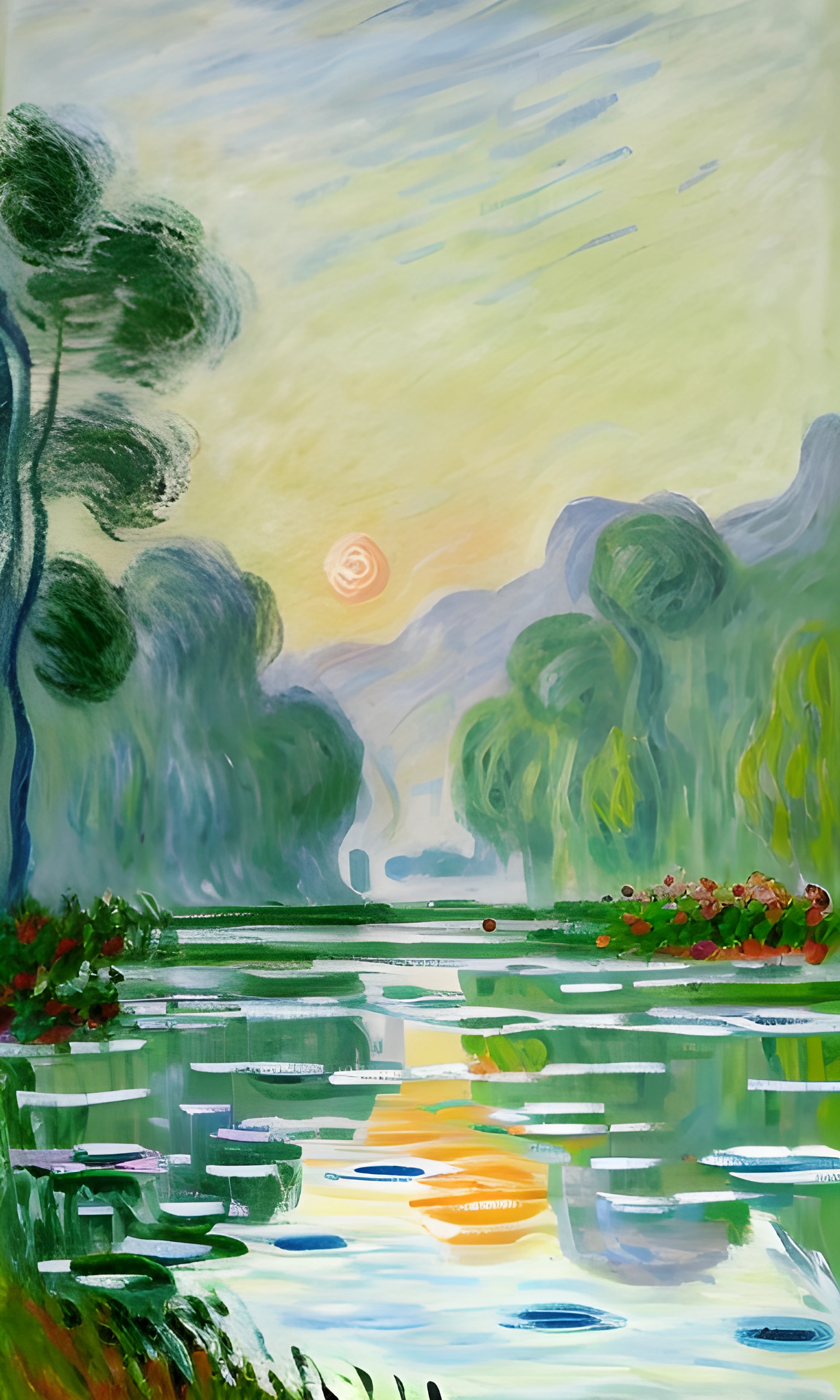 painting of a river with trees and a sunset in the background