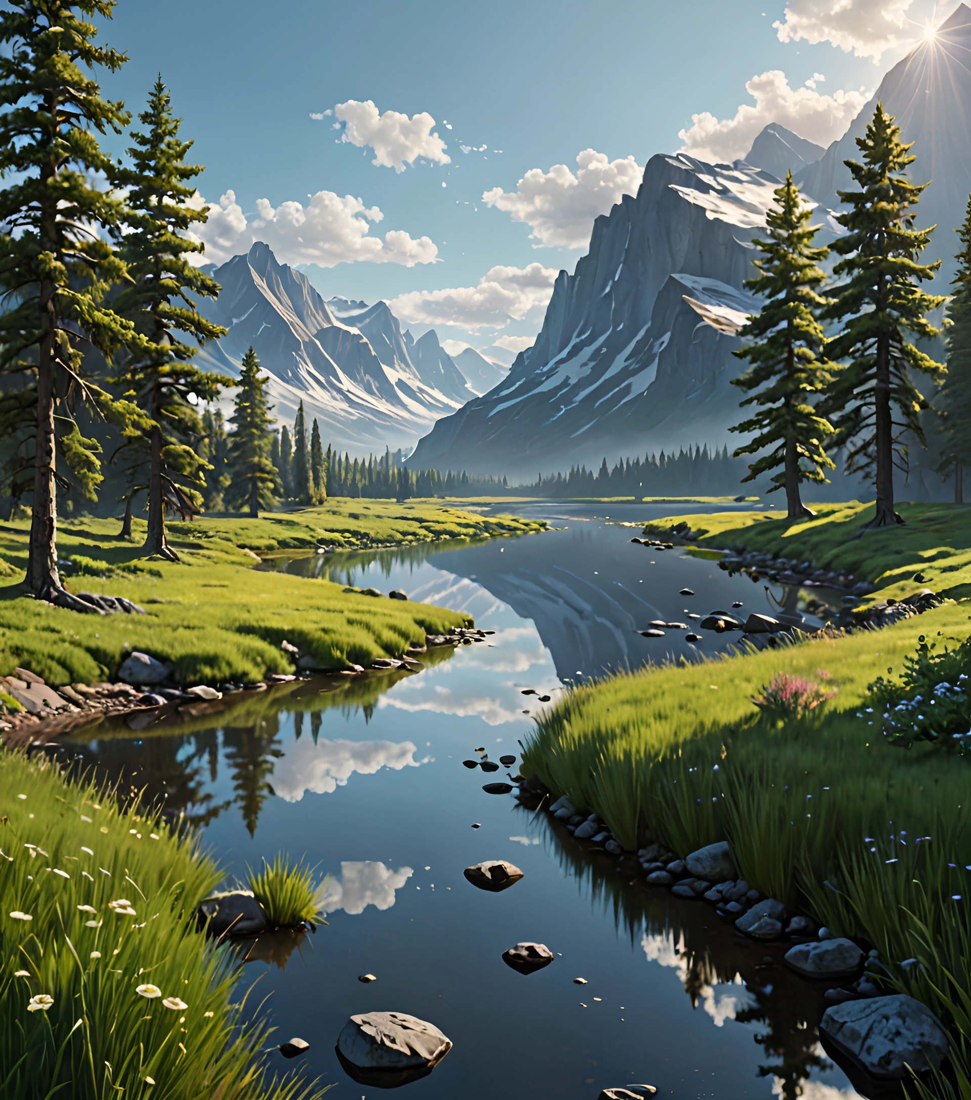 Reflective Rivers Mountain Landscape with Reflective River - Free Download - AI Scribbles