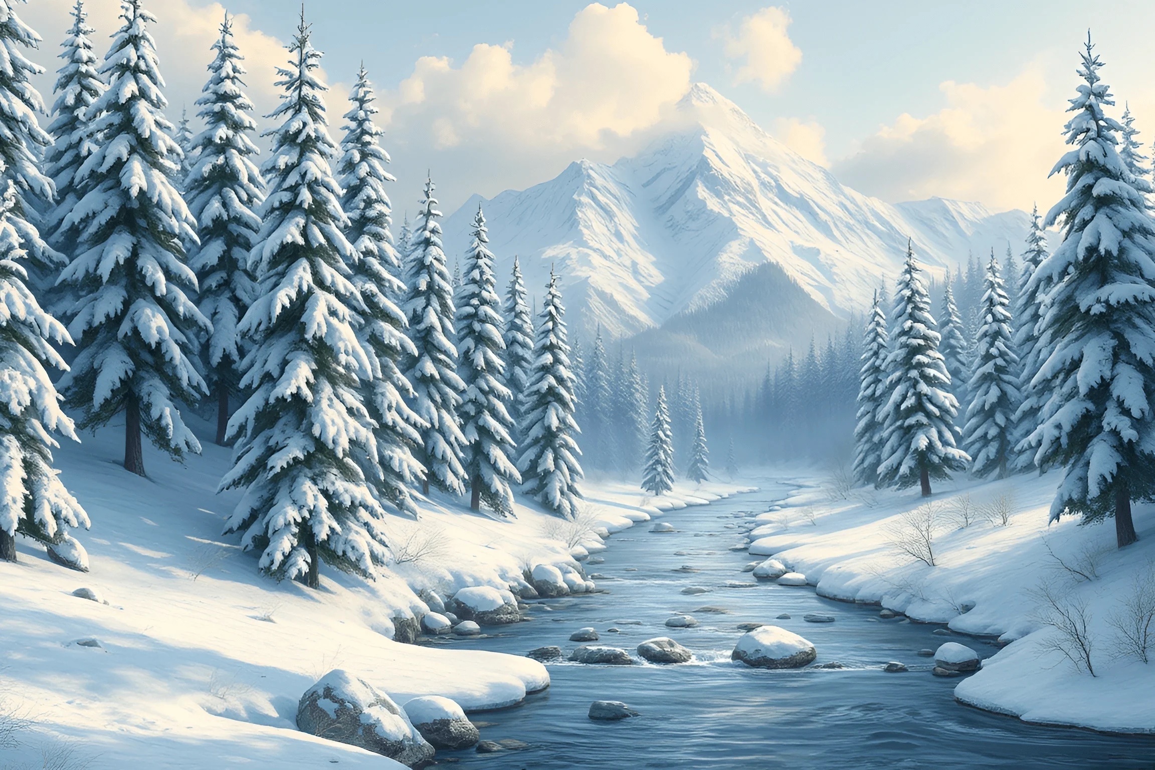 Snowy Mountain River with Pine Trees - Free Download - AI Scribbles