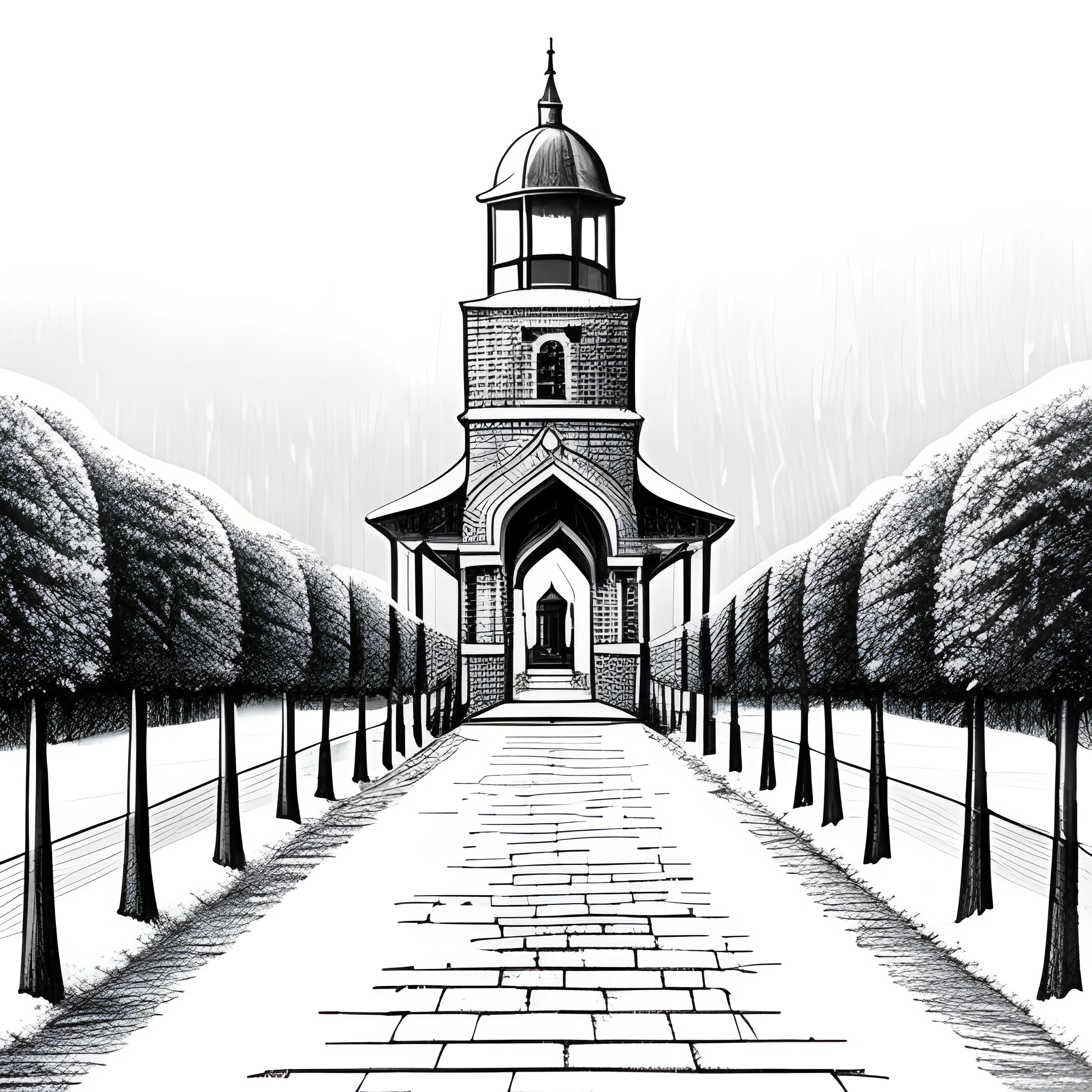 drawing of a church with a steeple and a walkway