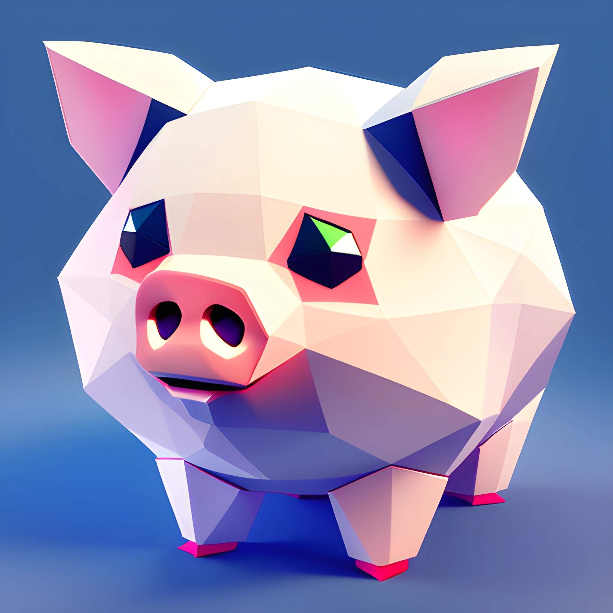 a pig that is standing up with a blue background