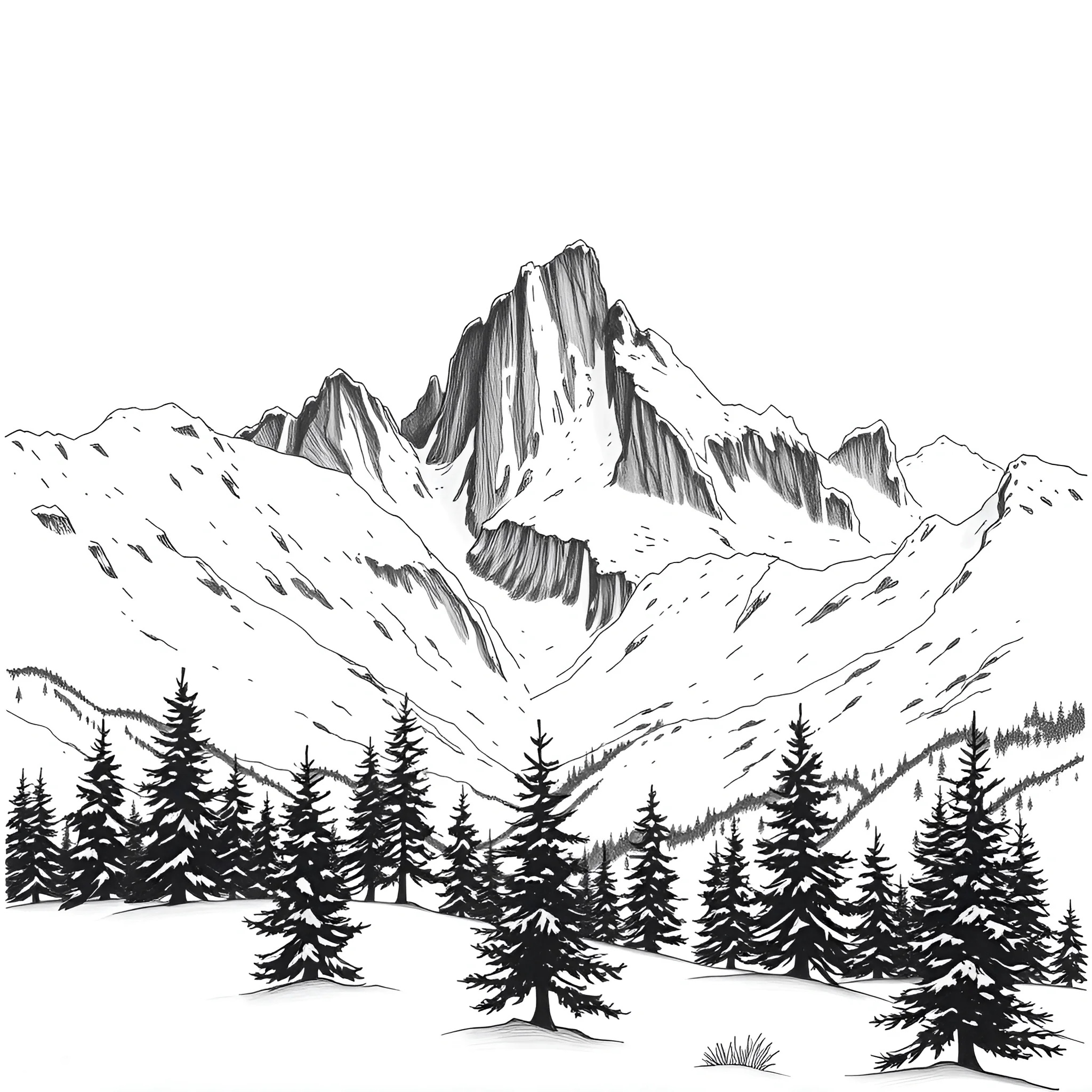 Black and White Mountain Landscape Drawing - Free Download - AI Scribbles