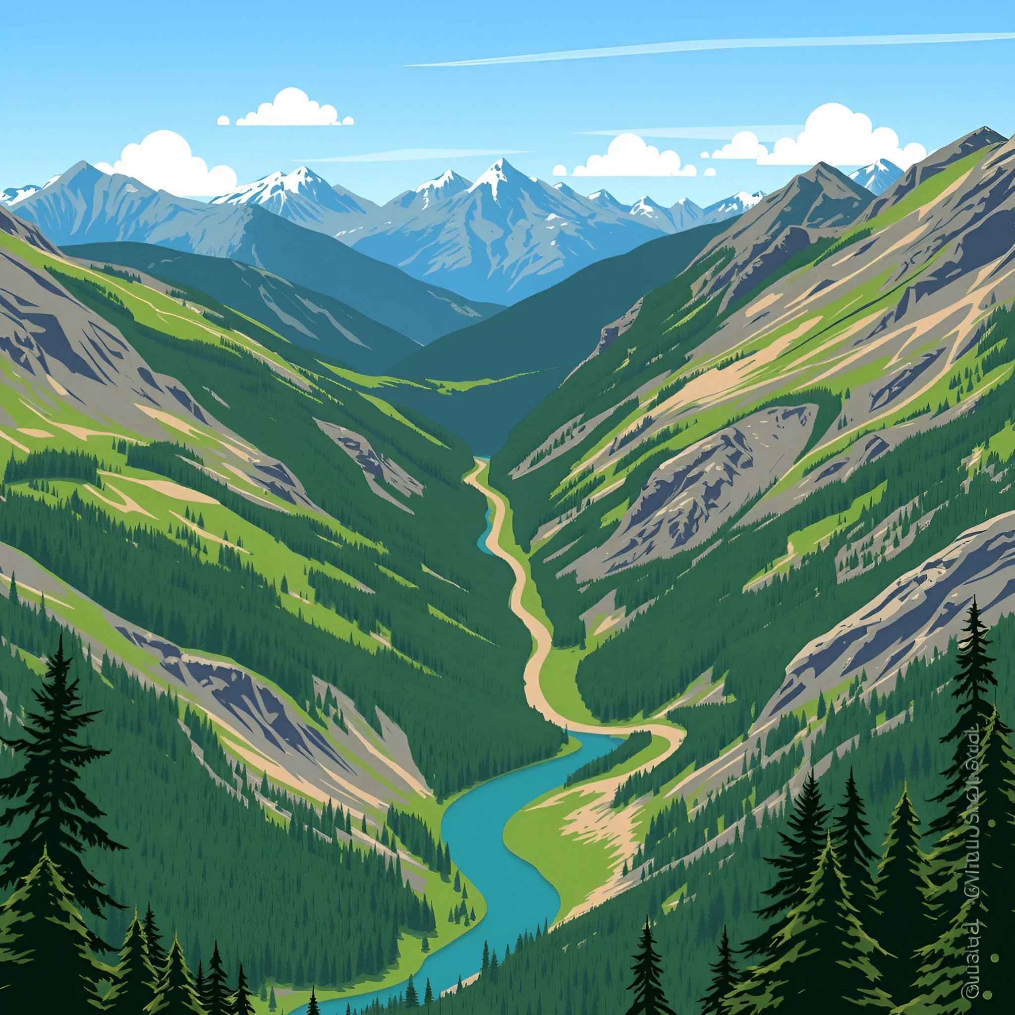 Mountain Valley with River and Pine Trees - Free Download - AI Scribbles