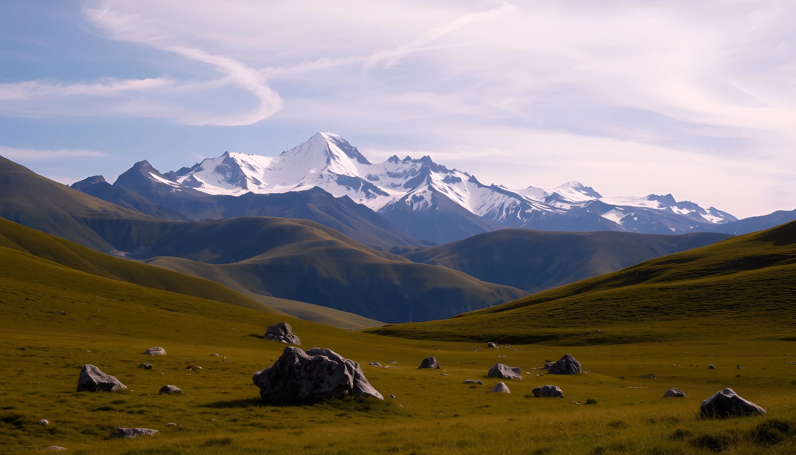 Snow-Capped Mountain Range Above Rolling Green Hills - Free Download ...