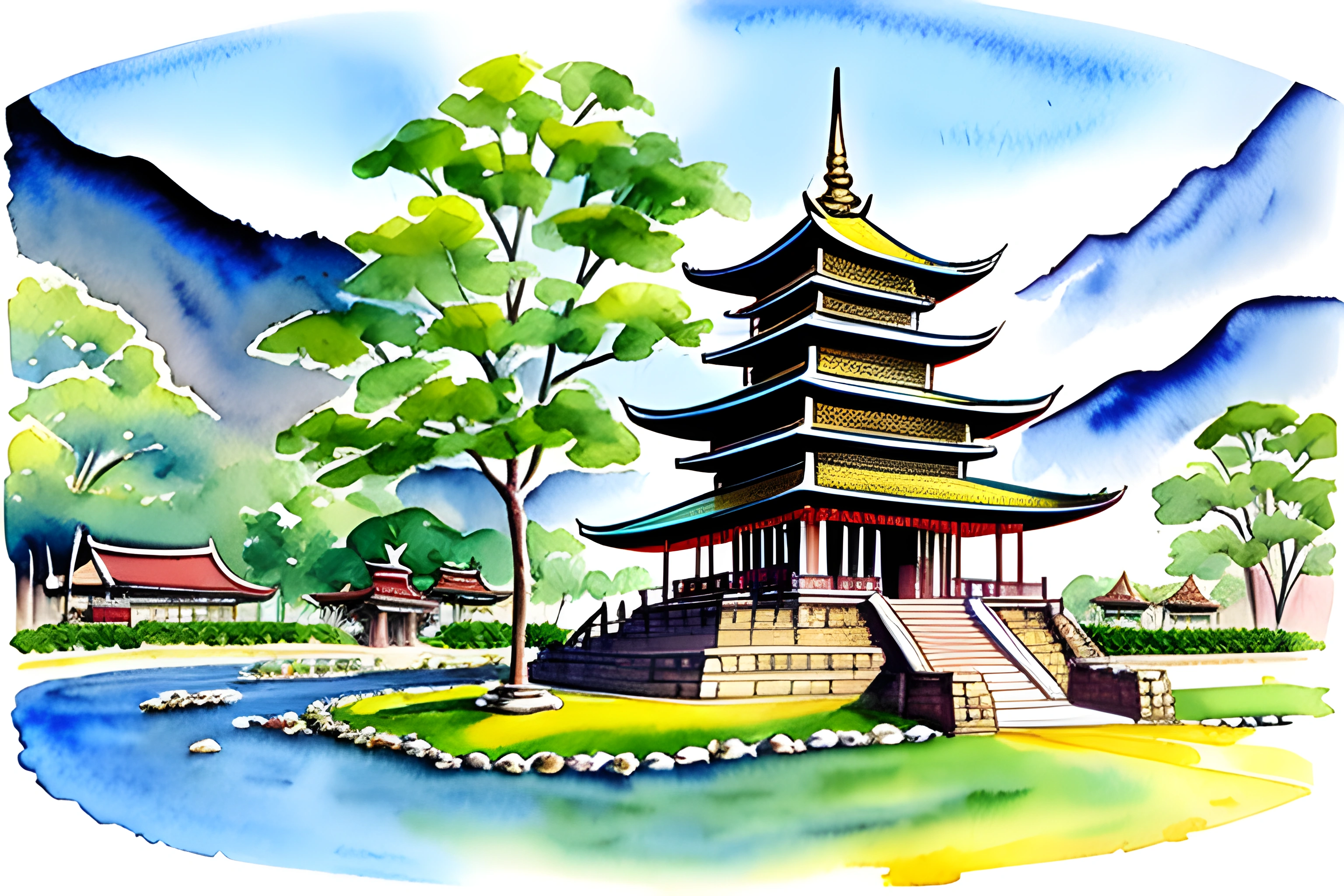 painting of a pagoda with a river and mountains in the background