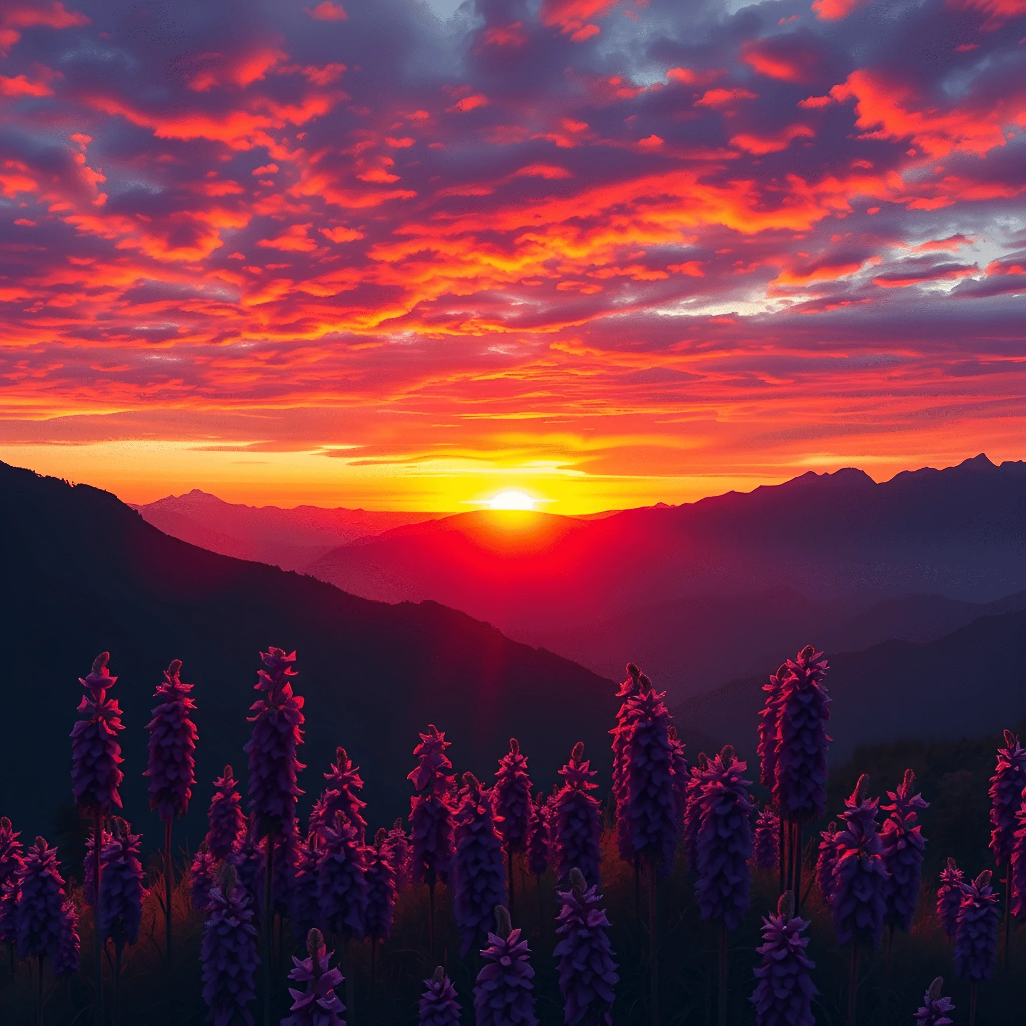 Mountain Sunset with Purple Wildflowers - Free Download - AI Scribbles