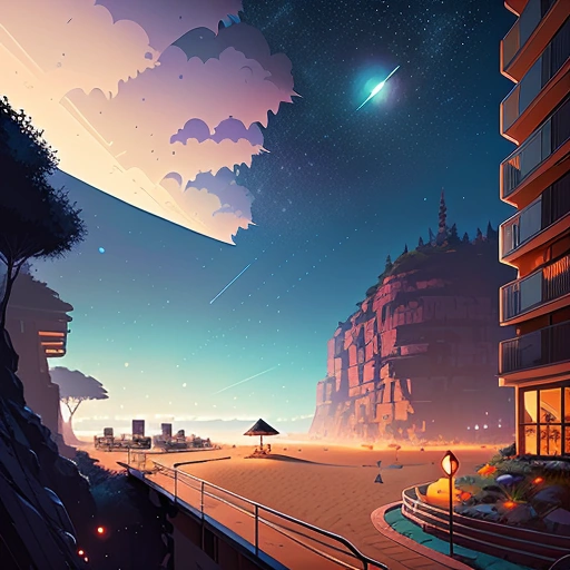 anime - style illustration of a beach with a building and a star