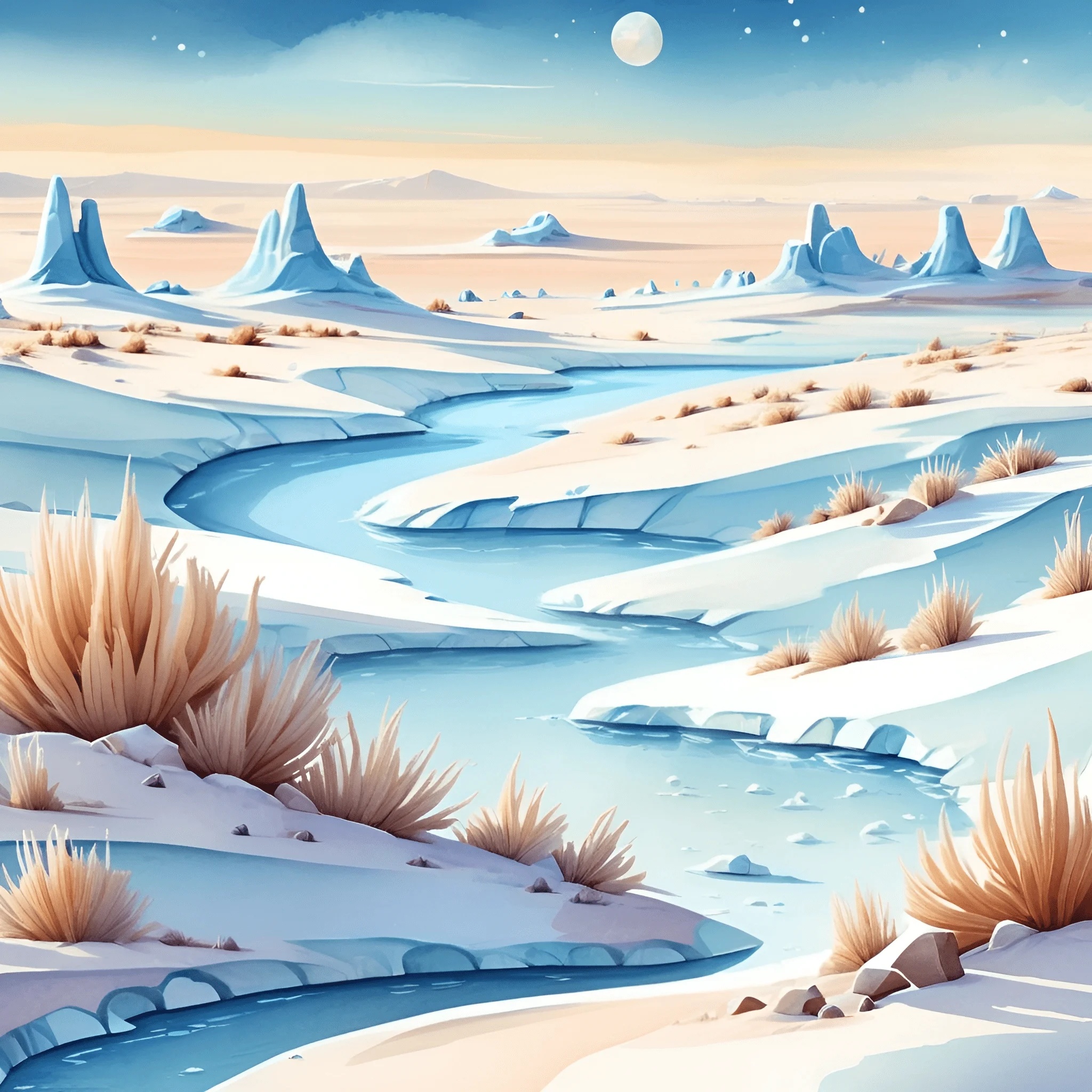 Serene Winter Landscape with Frozen River - Free Download - AI Scribbles