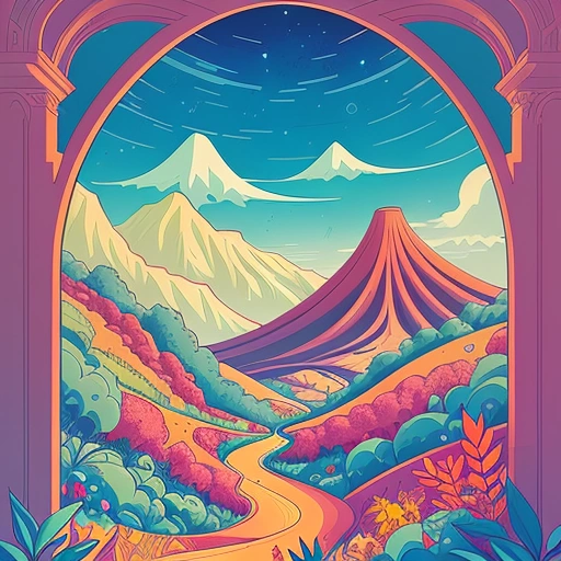 a colorful illustration of a mountain landscape with a road going through it