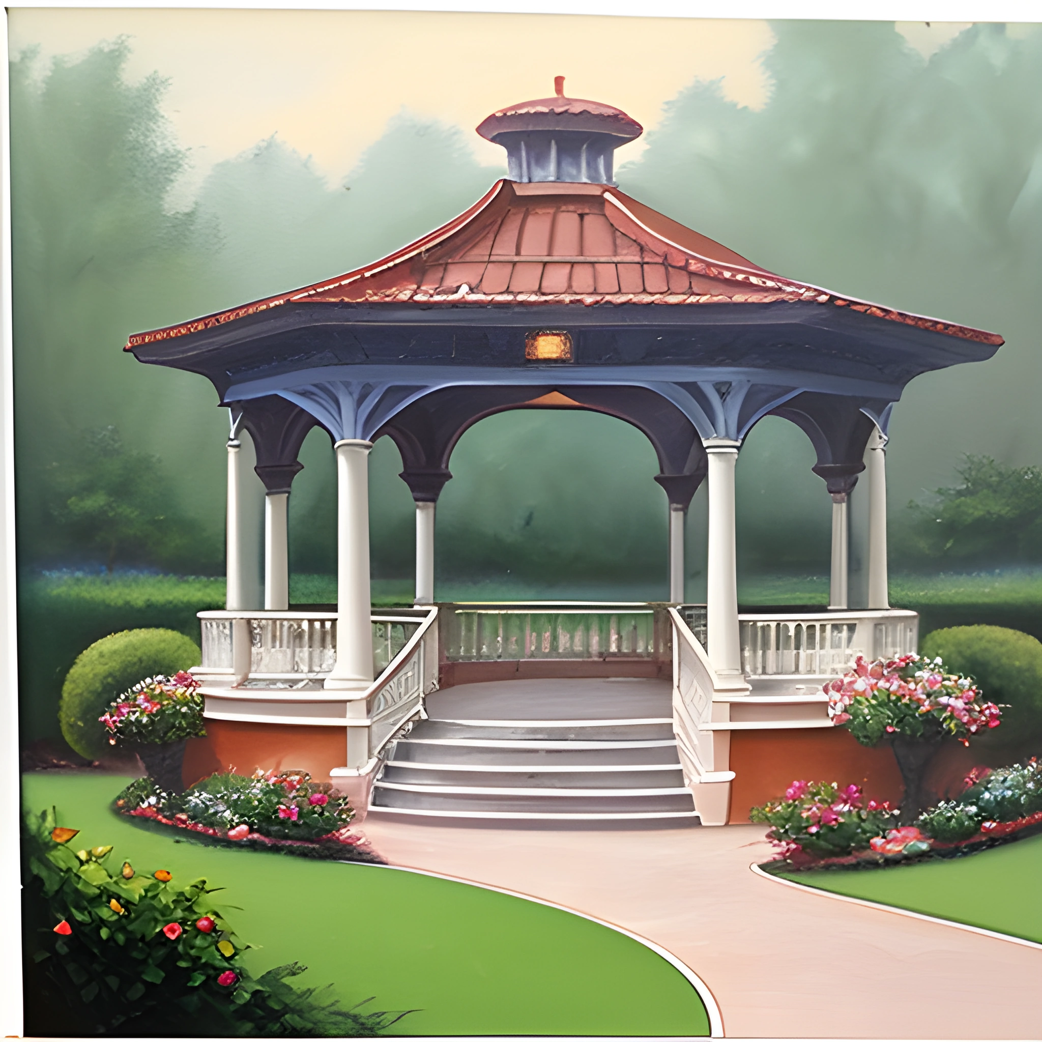 painting of a gazebo with a pathway leading to a garden