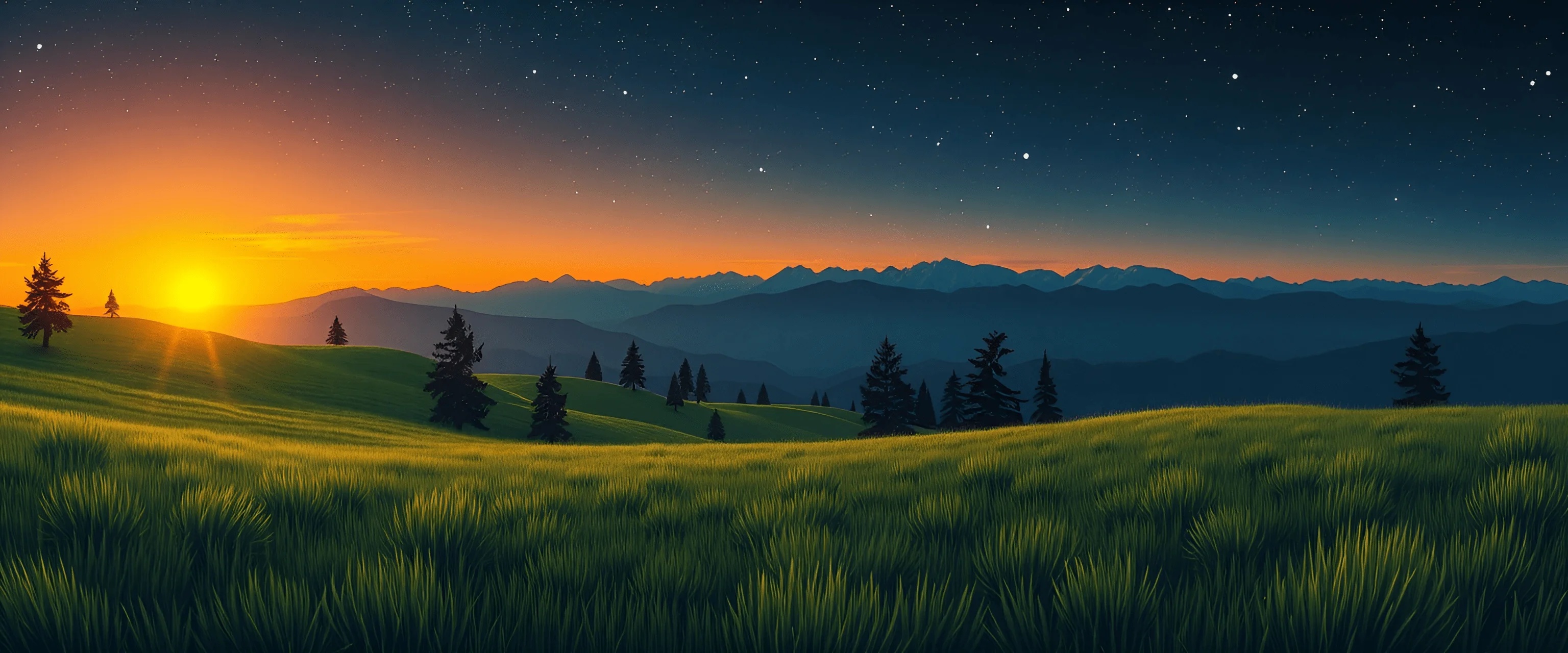 Sunset Over Rolling Hills With Pine Trees - Free Download - AI Scribbles