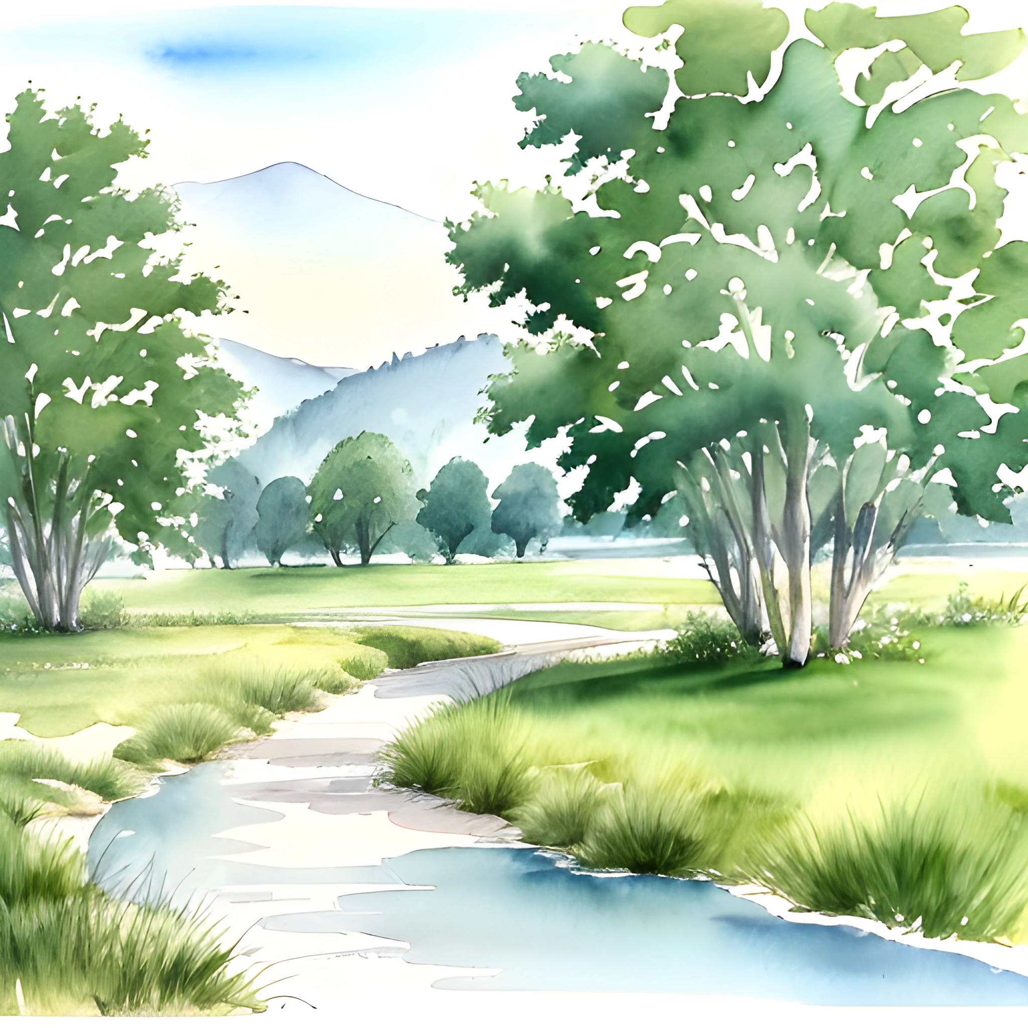 a watercolor painting of a stream running through a field