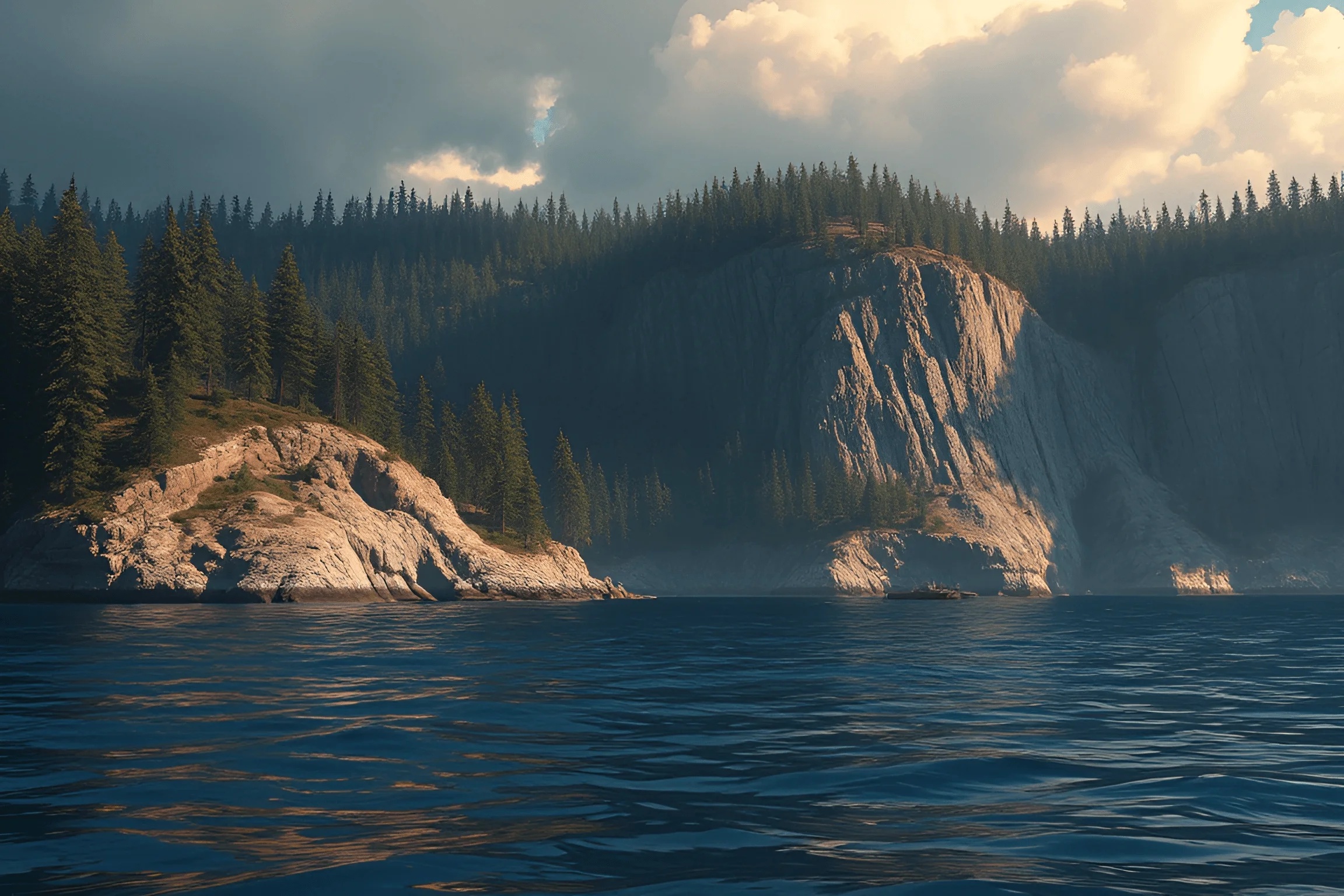 Rocky Forested Cliffs by Lake - Free Download - AI Scribbles