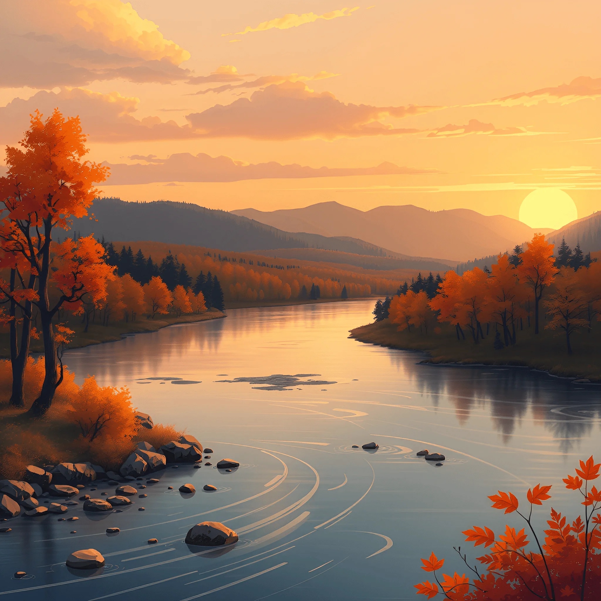 Autumn River Sunset Landscape - Free Download - AI Scribbles