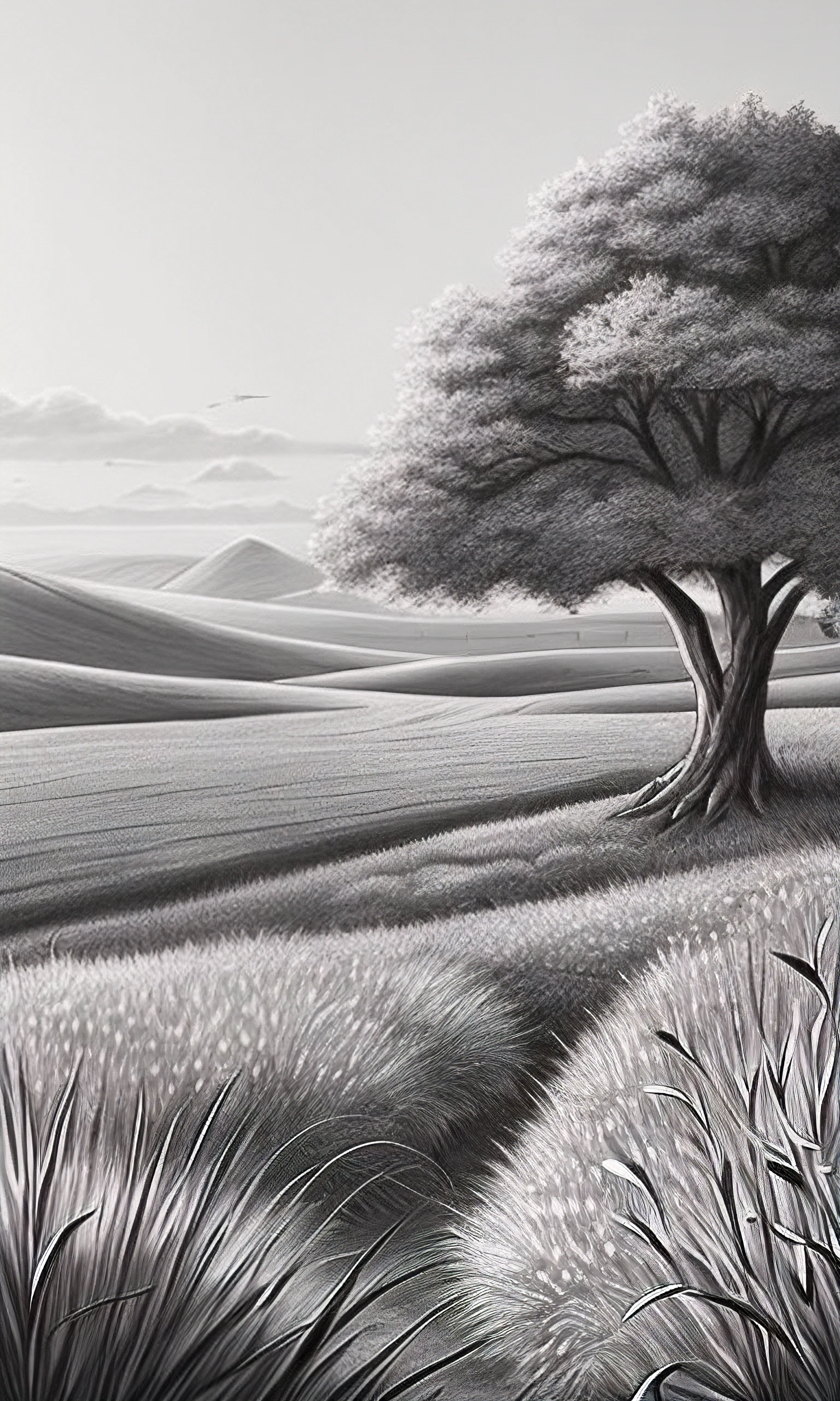 painting of a lone tree in a field with a path