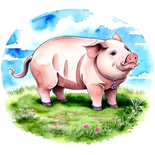 painting of a pig standing in a field with a sky background
