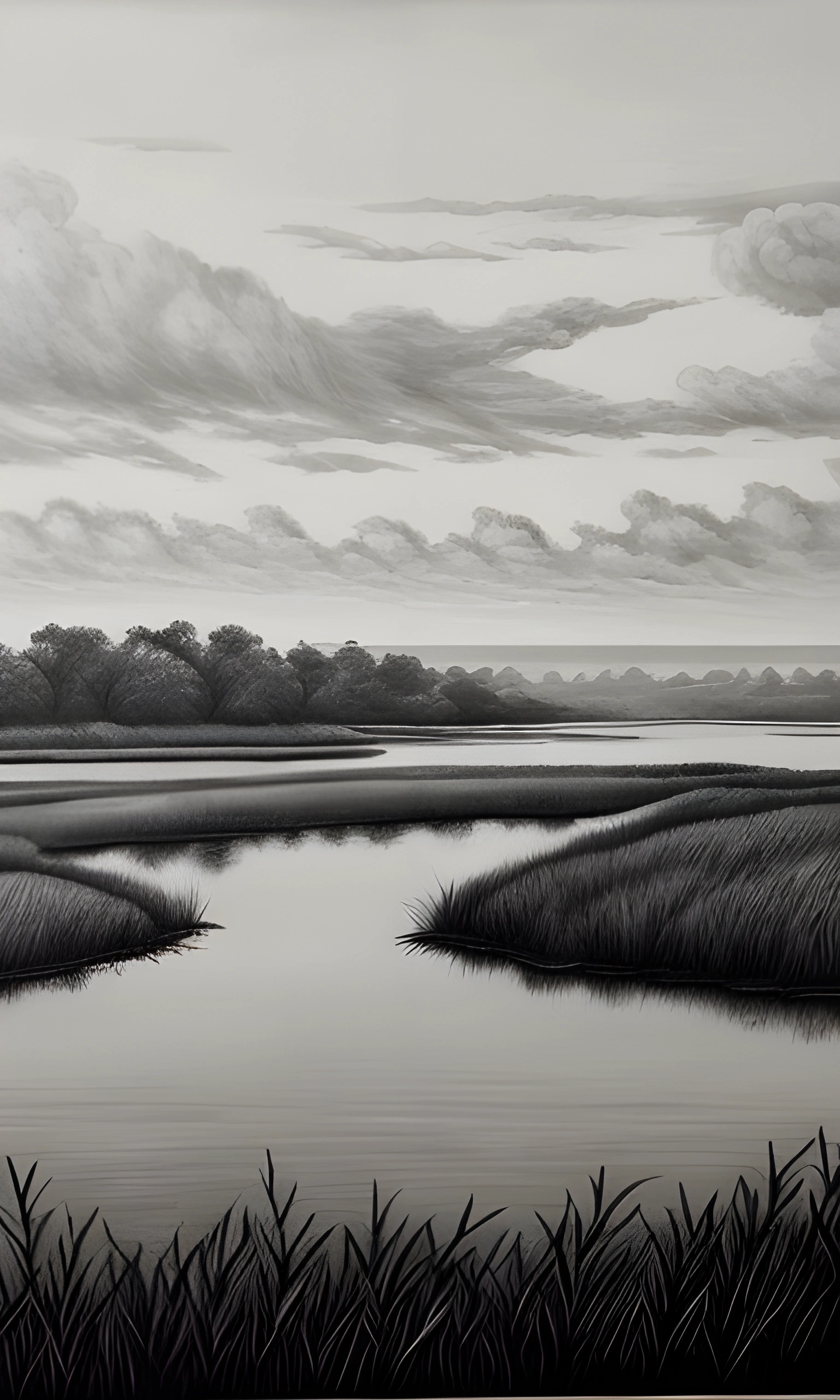 painting of a black and white landscape of a marsh and a cloudy sky