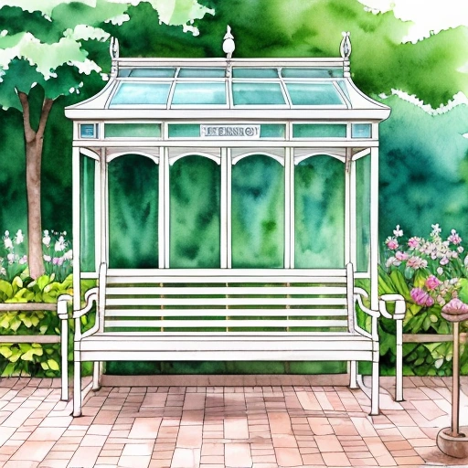 a painting of a bench in a garden with a gazebo