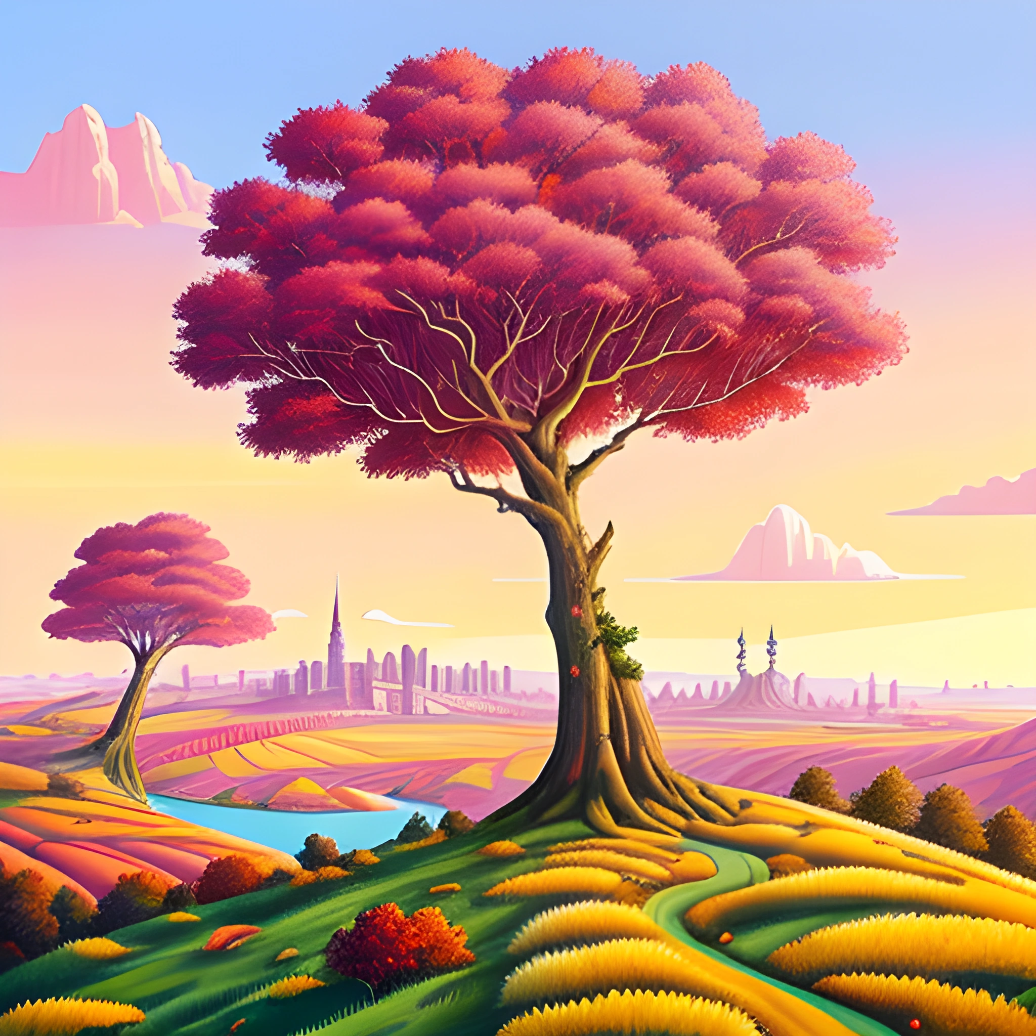 a painting of a tree in a field with a city in the background