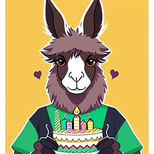 a close up of a llama holding a cake with candles