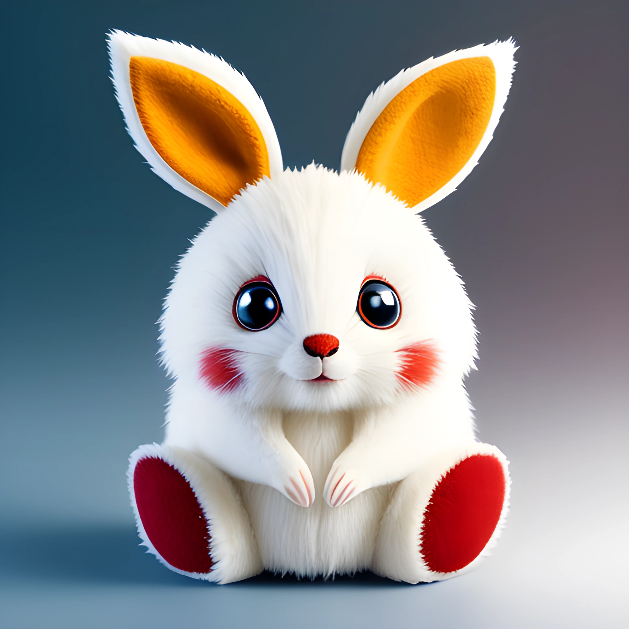 a white rabbit with red feet and ears sitting on a gray surface
