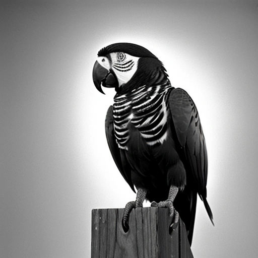 a black and white photo of a parrot sitting on a post