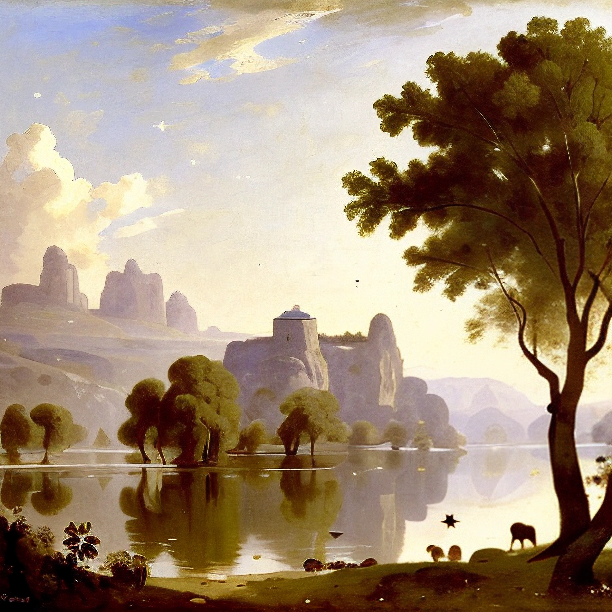 painting of a painting of a mountain landscape with a lake and a few animals