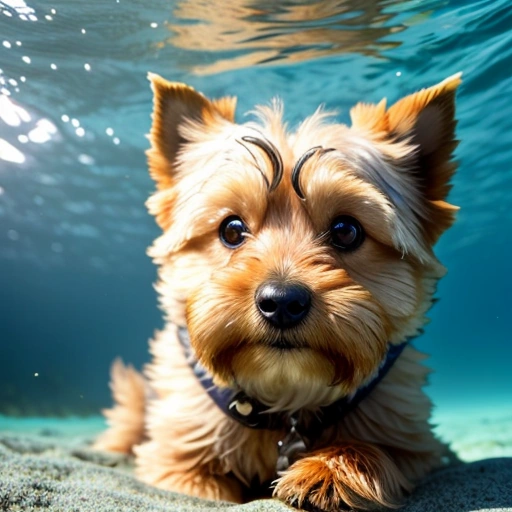 a small dog that is sitting under the water