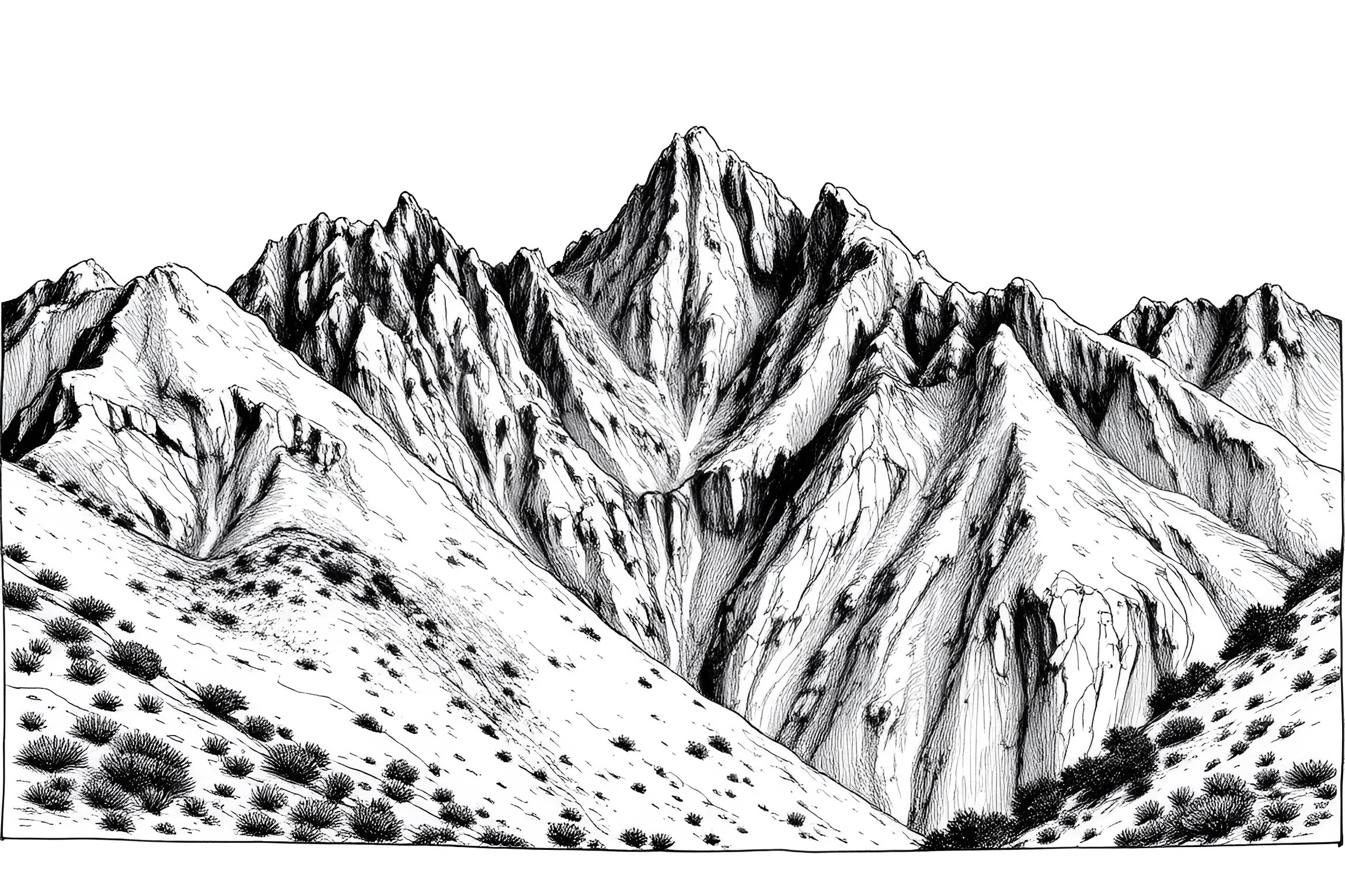 Ink Drawing of Rocky Mountain Range - Free Download - AI Scribbles