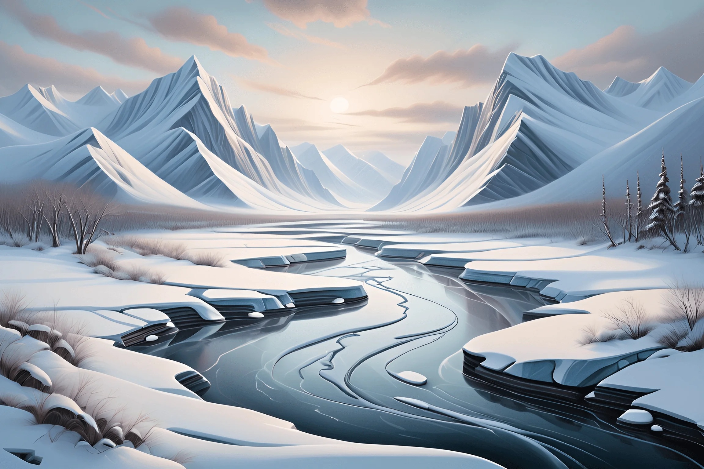 Serene Winter Landscape with River - Free Download - AI Scribbles