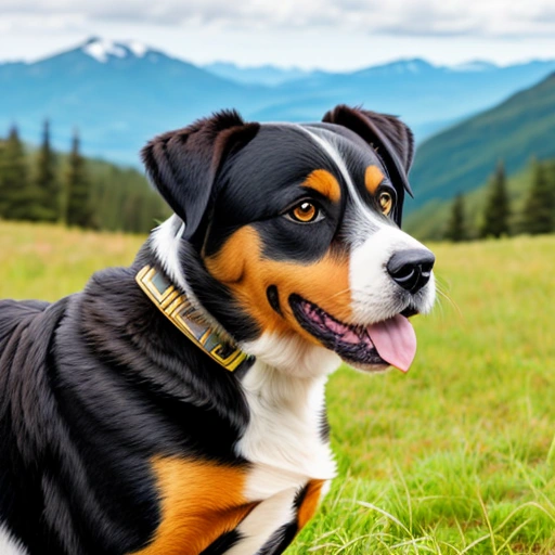 a dog that is standing in the grass with mountains in the background