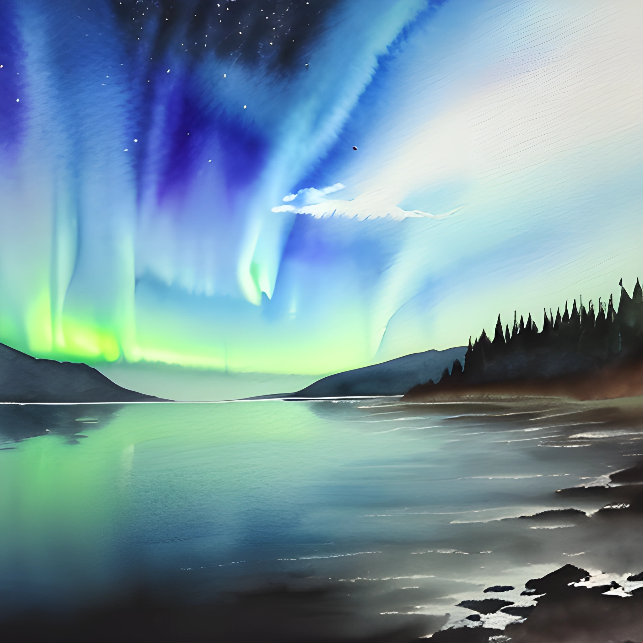painting of a beautiful aurora bore with a bird flying over it