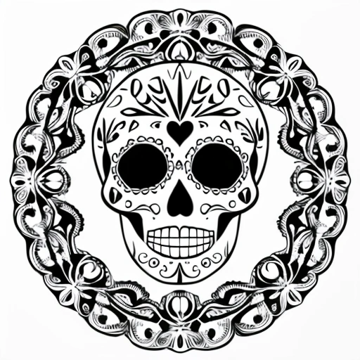 a black and white drawing of a skull in a wreath