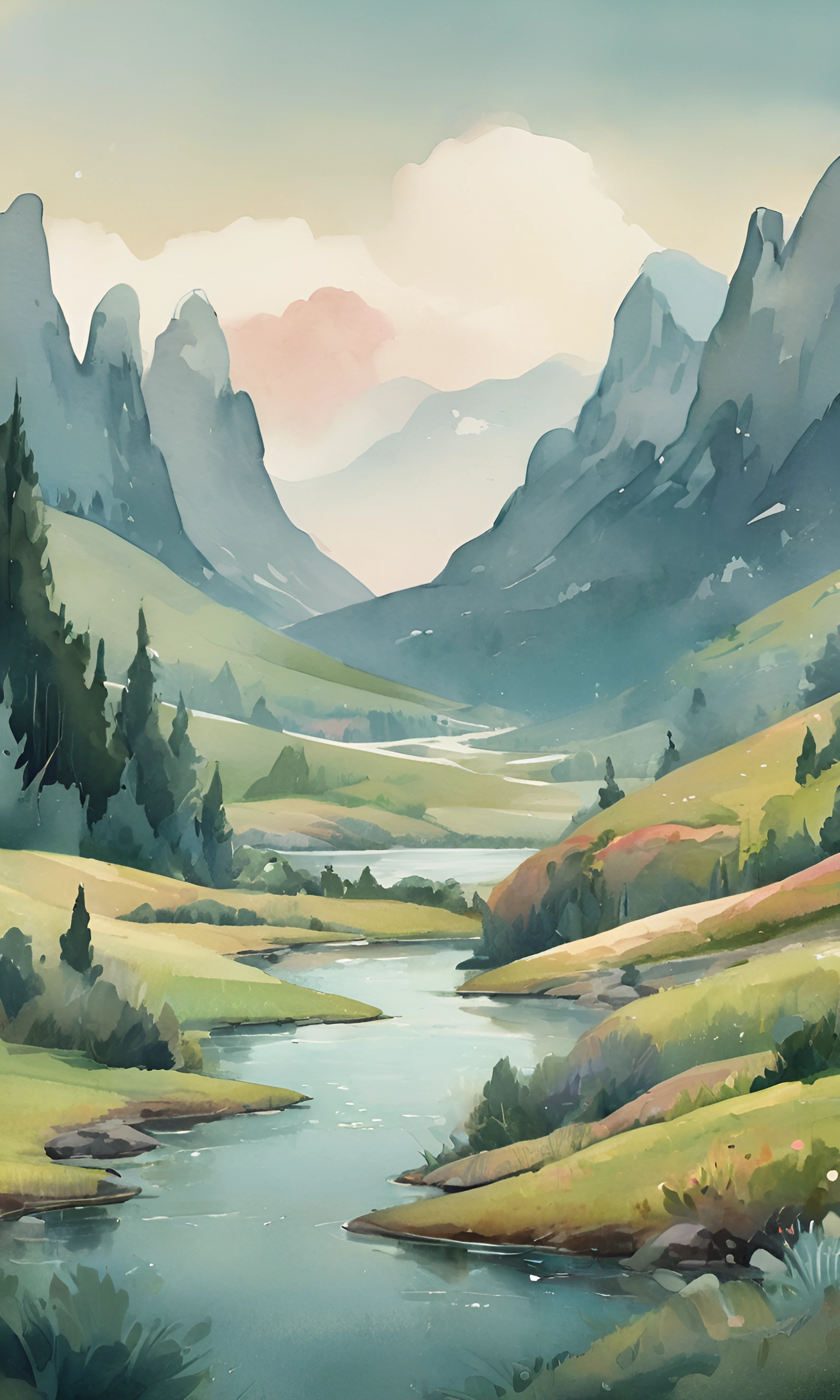 Mountain Valley Watercolor Landscape - Free Download - AI Scribbles