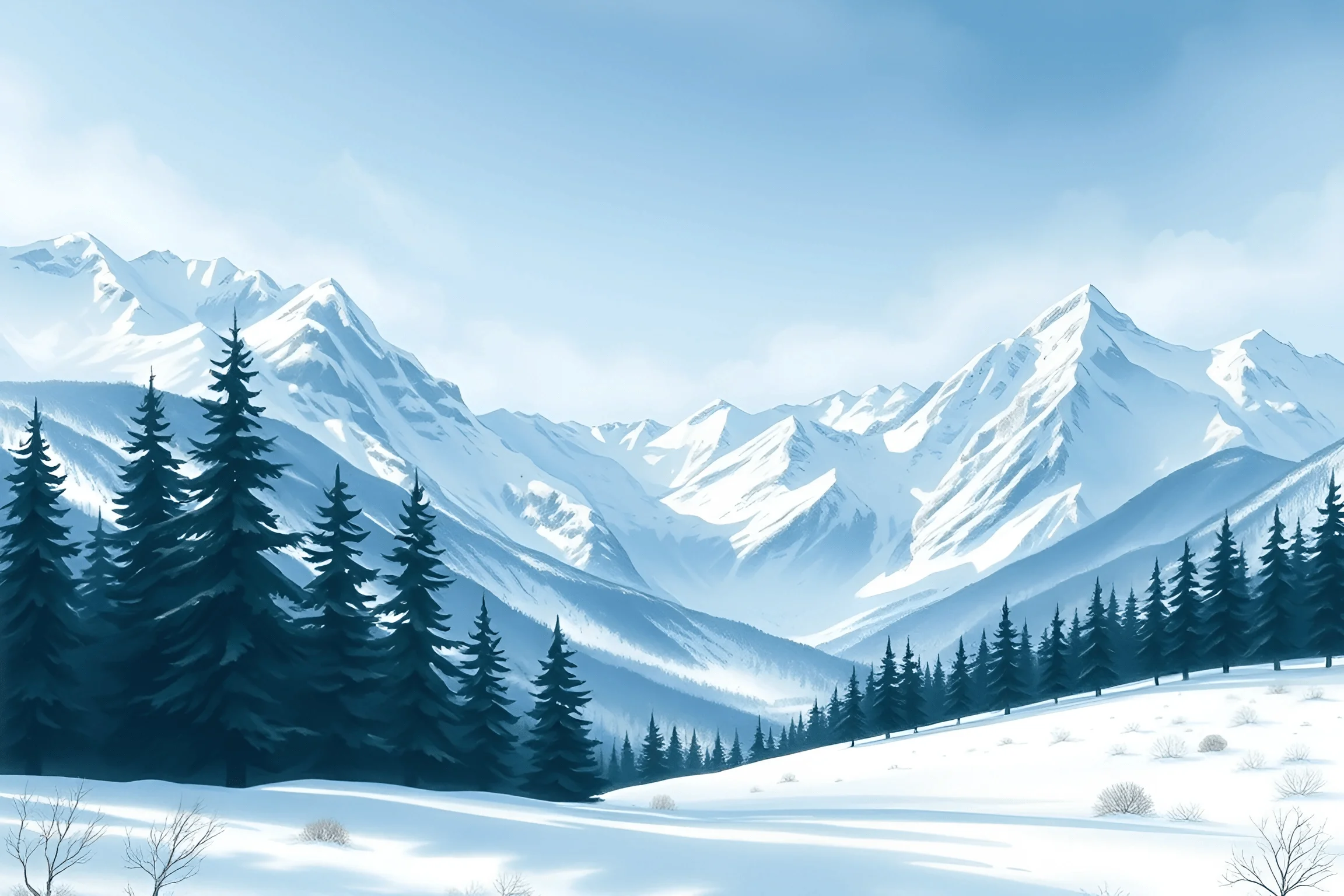 Snowy Mountain Landscape With Pine Trees - Free Download - AI Scribbles