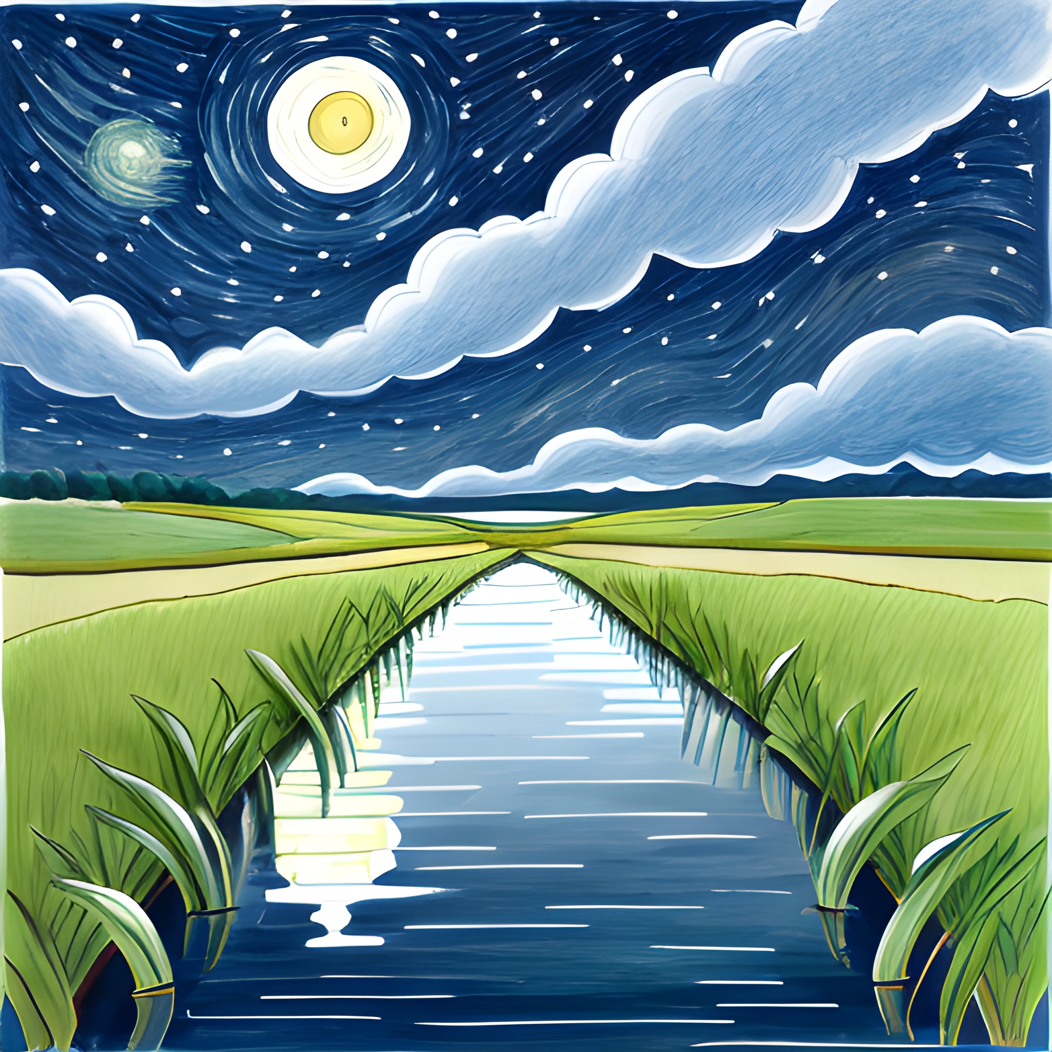 painting of a river with a moon and stars in the sky