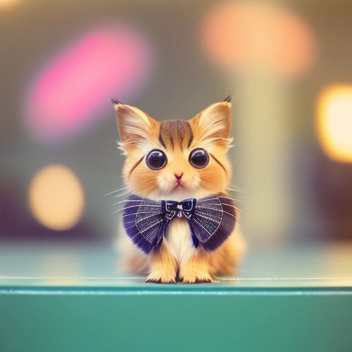 a small kitten with a bow tie on a table