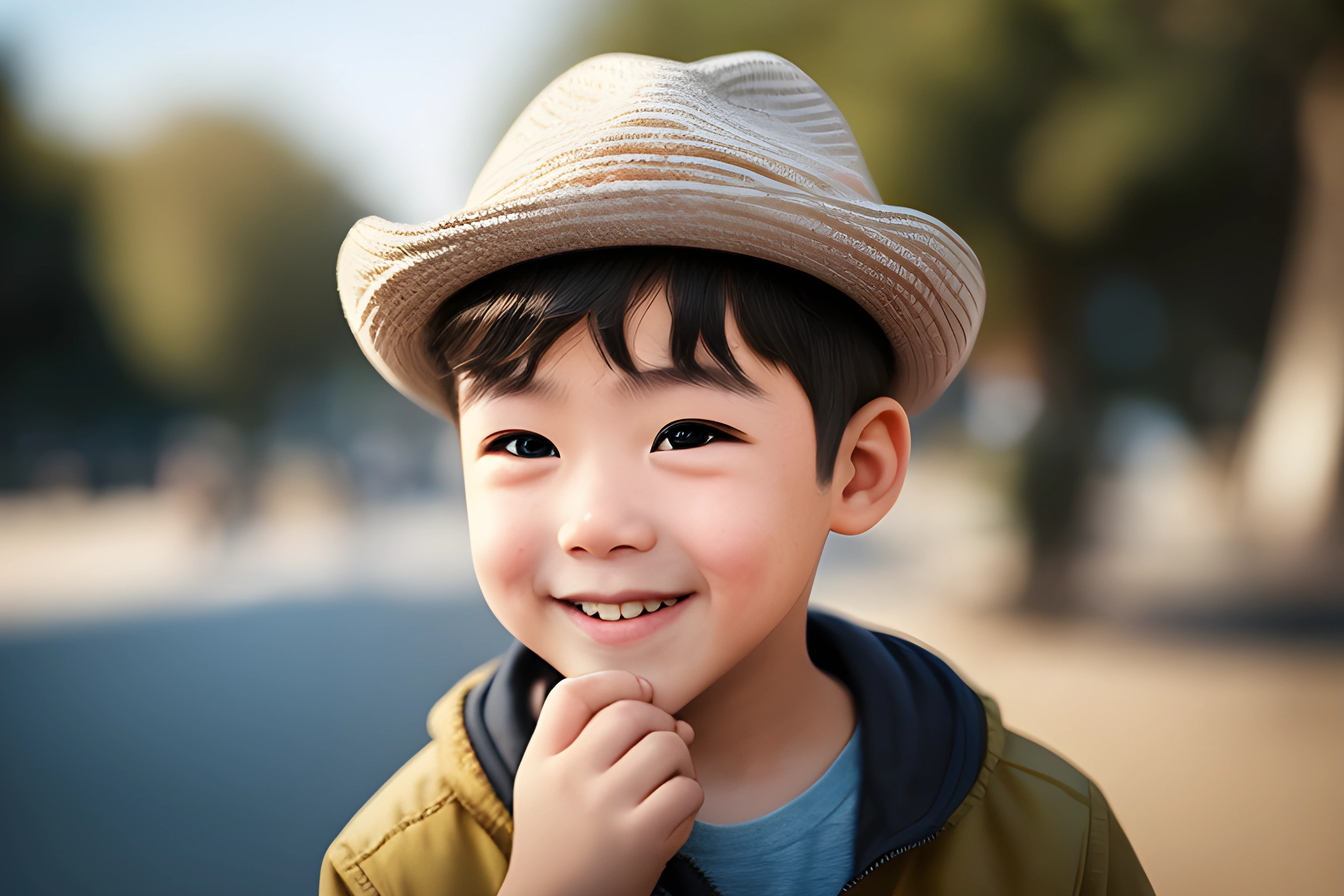 smiling boy wearing a hat and holding his hand to his chin