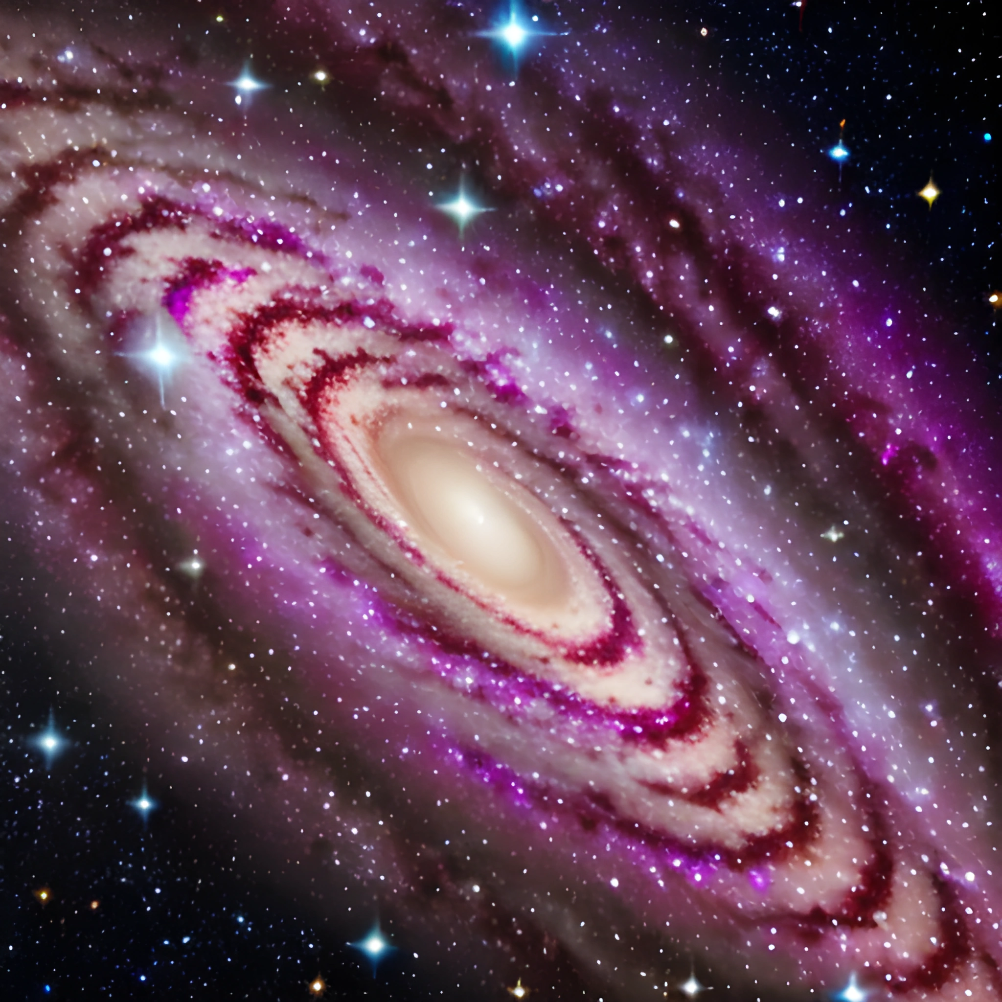 spiral galaxy with a star filled sky and a bright pink center