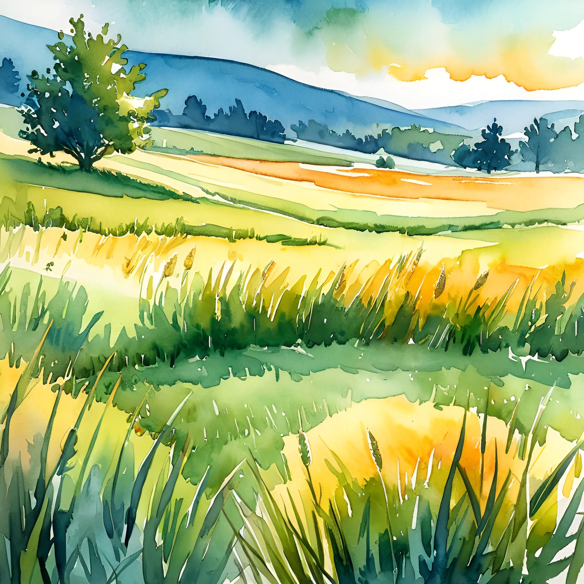 Watercolor Painting of Rural Landscape with Fields and Trees - Free ...