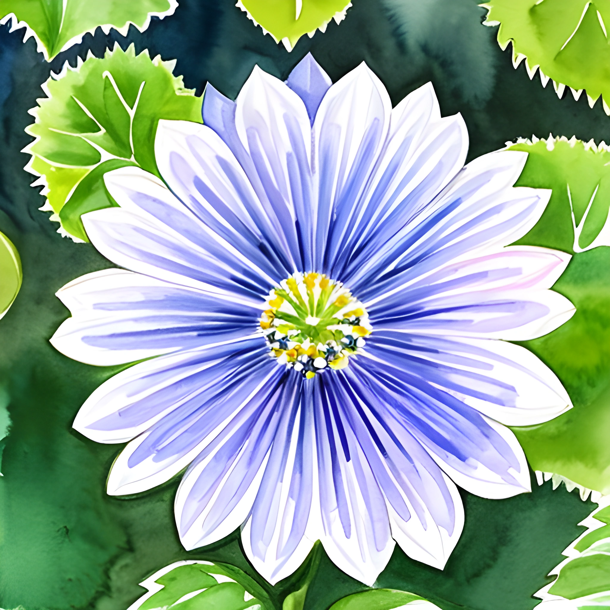 a painting of a flower with leaves in the background